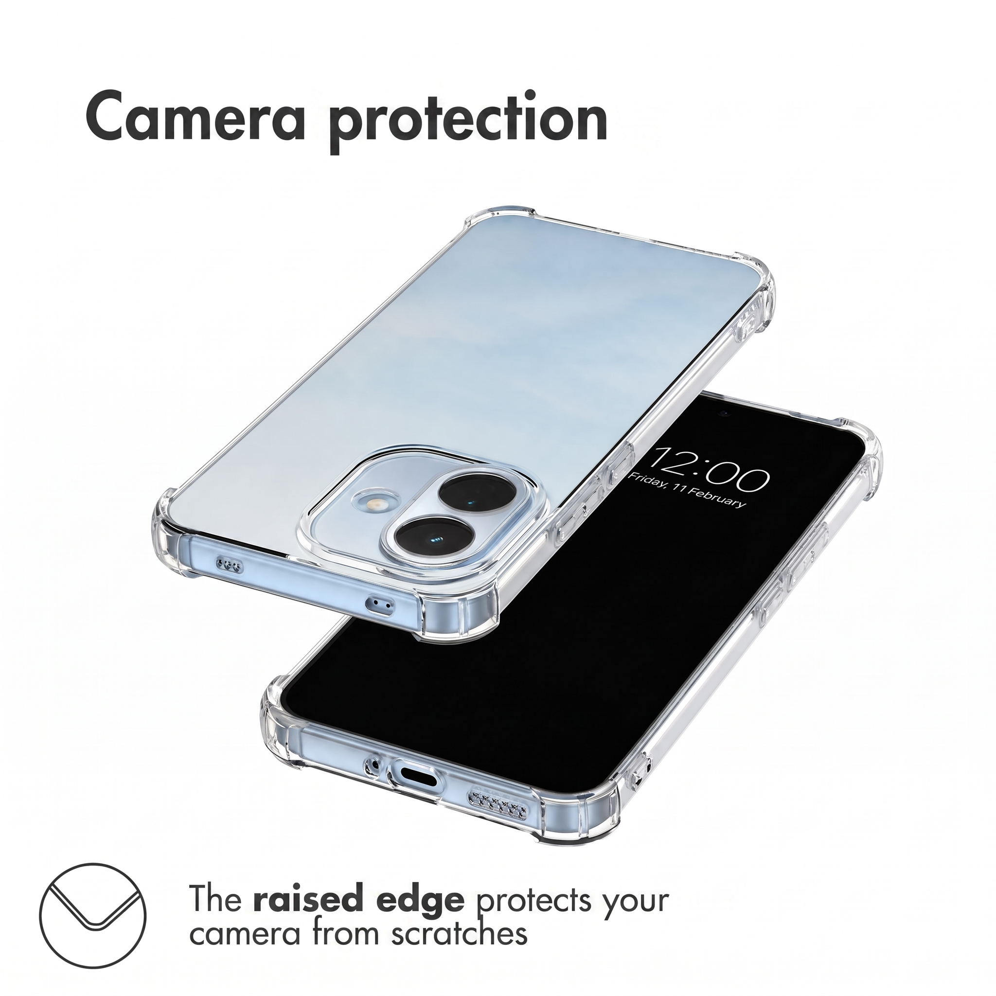 Fundas protectoras transparentes para smartphones con borde elevado para la cámara.