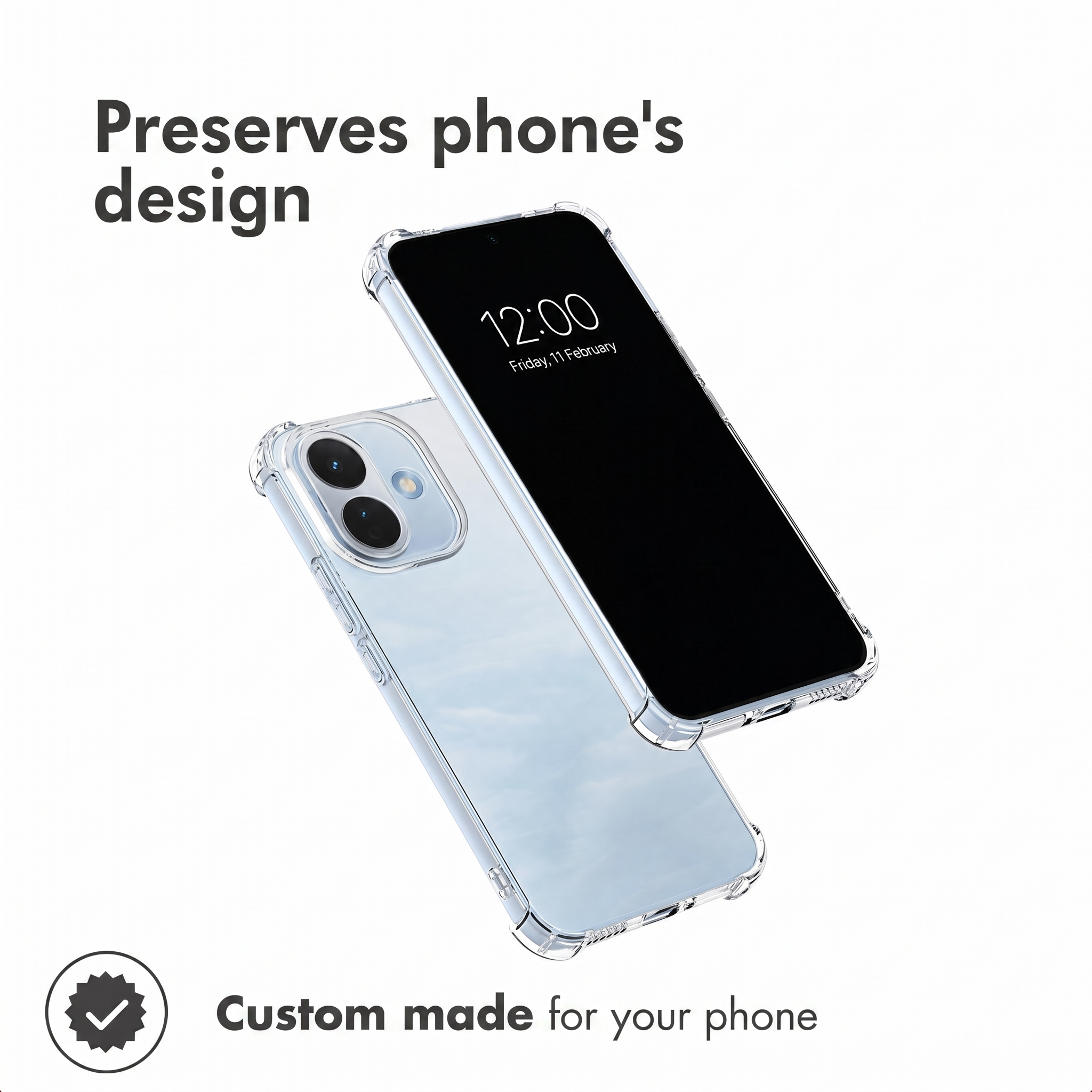 Dos teléfonos en fundas transparentes sobre fondo blanco con texto.