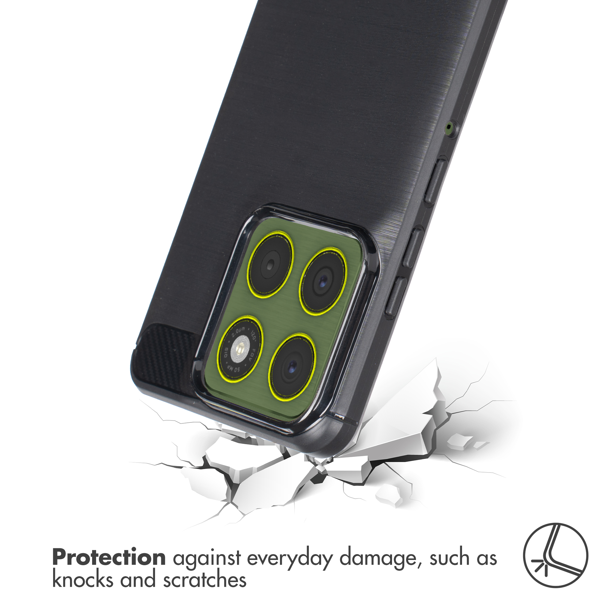 Un teléfono negro en funda protectora golpeando una superficie blanca agrietada, ilustrando protección.