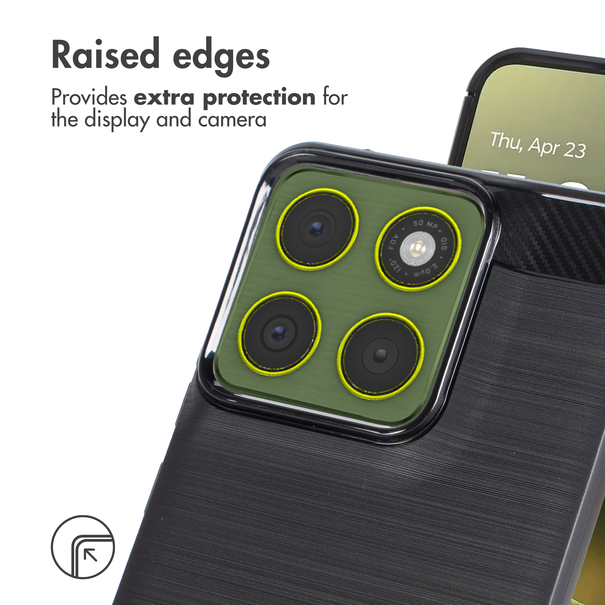 Primer plano de la parte trasera de un smartphone con bordes de cámara elevados y funda protectora.