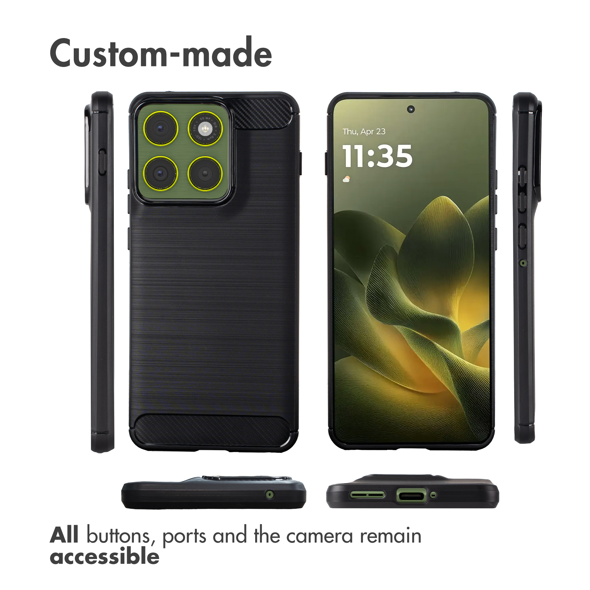 Cuatro vistas de un smartphone negro con funda texturizada que muestran el frente, la parte trasera y los lados.