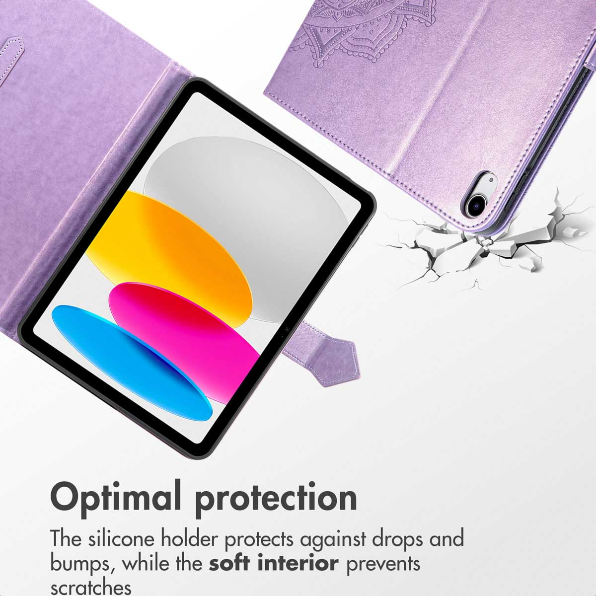 Étui de tablette violet avec motif mandala et texte sur la protection.