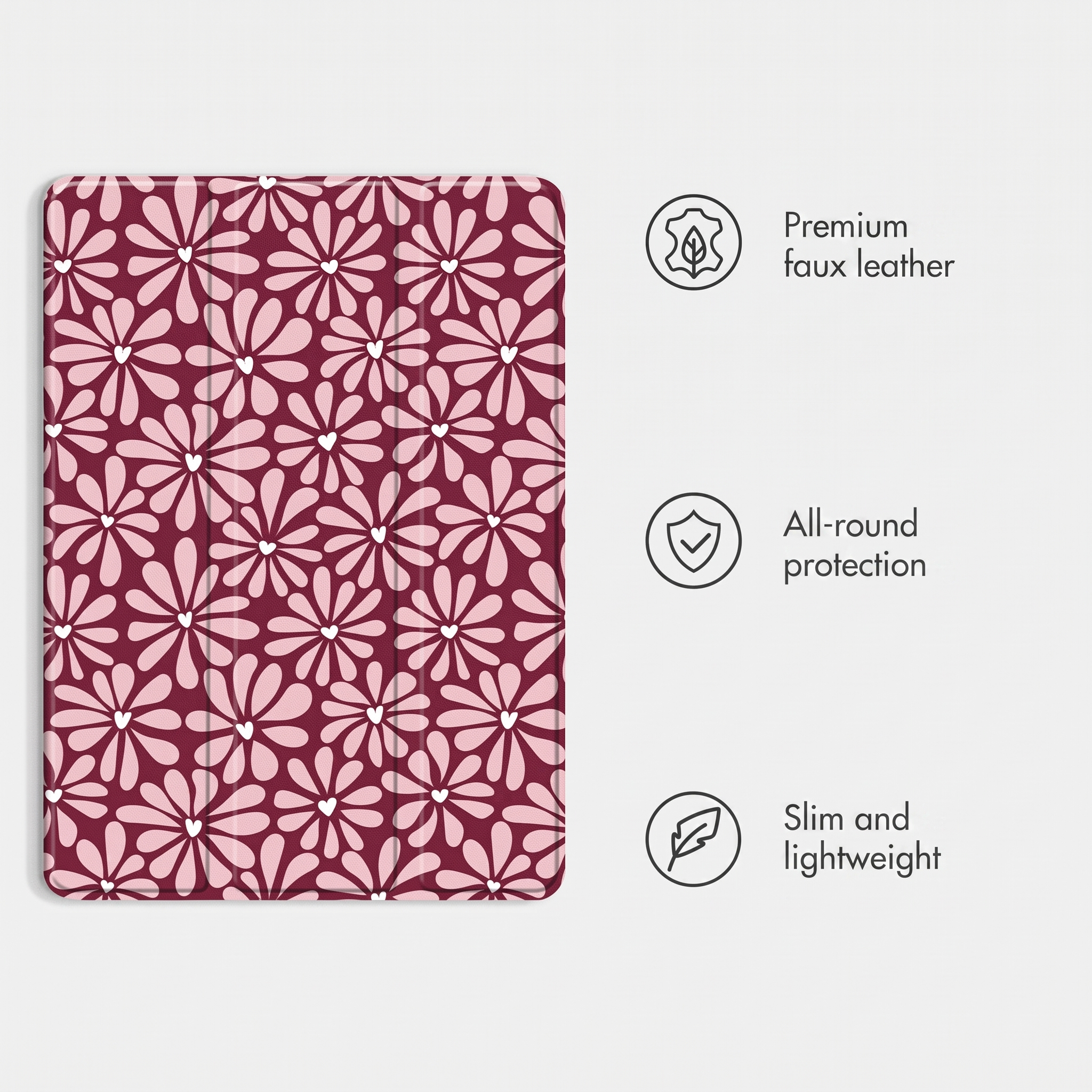 Coque à motif floral rose et bordeaux avec trois caractéristiques.