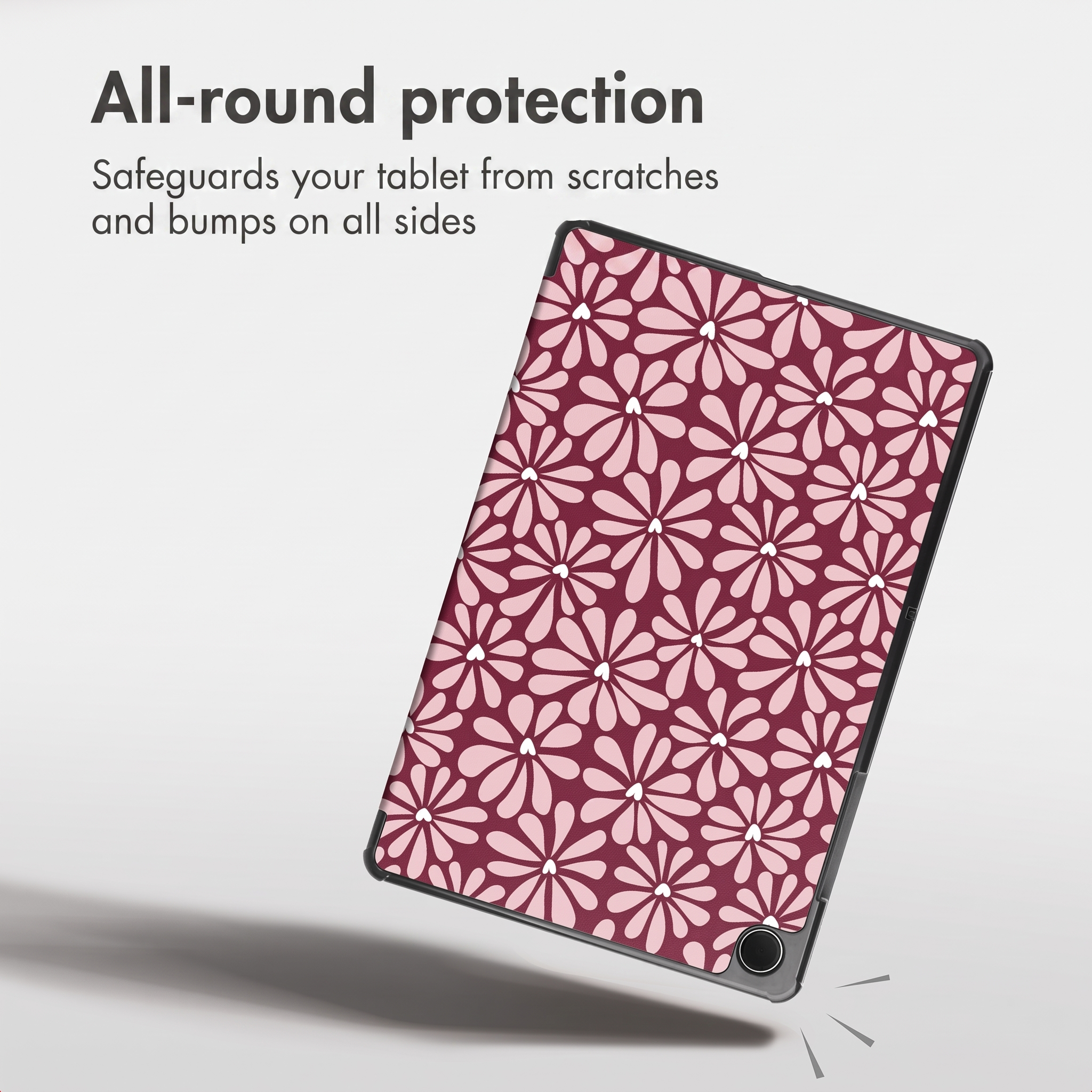 A tablet in a protective case with a red and white floral pattern against a grey background with text about protection.