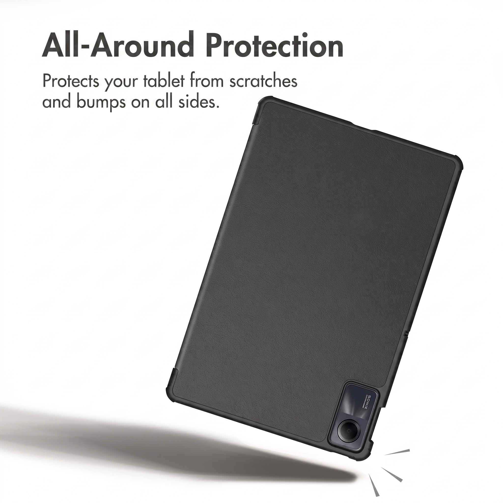 A black tablet in a protective case hovers against a white background, with text on the top left.