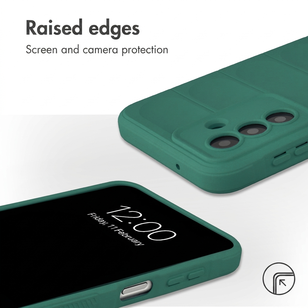 Funda de teléfono verde con bordes elevados para pantalla y cámara.