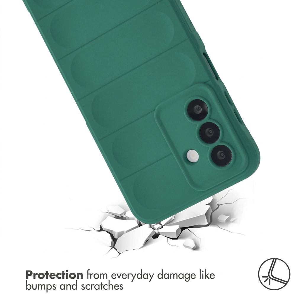 Funda protectora verde sobre fondo blanco agrietado con texto sobre protección diaria.