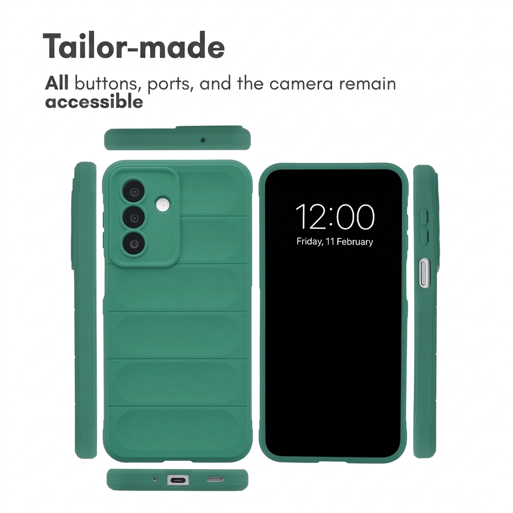 Funda protectora verde para teléfono mostrada desde varios ángulos con texto.