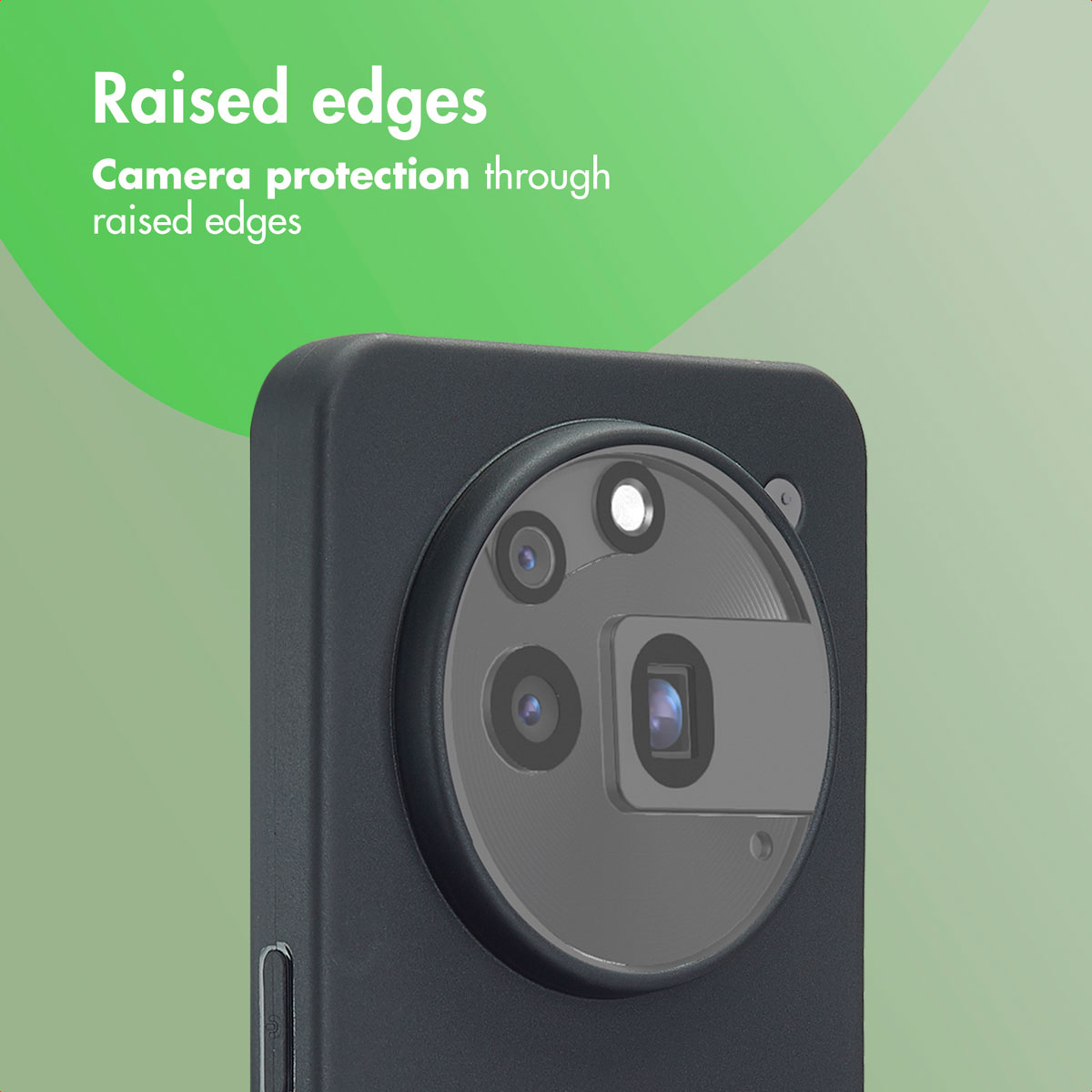 Un smartphone en funda negra con bordes elevados que protegen el módulo de cámara circular sobre fondo verde.