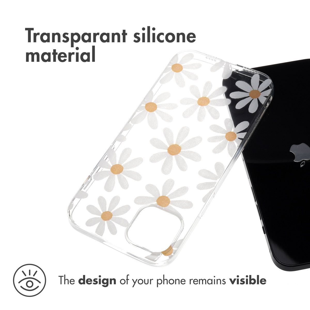 Coque de téléphone transparente avec motif marguerite blanche sur un smartphone noir.