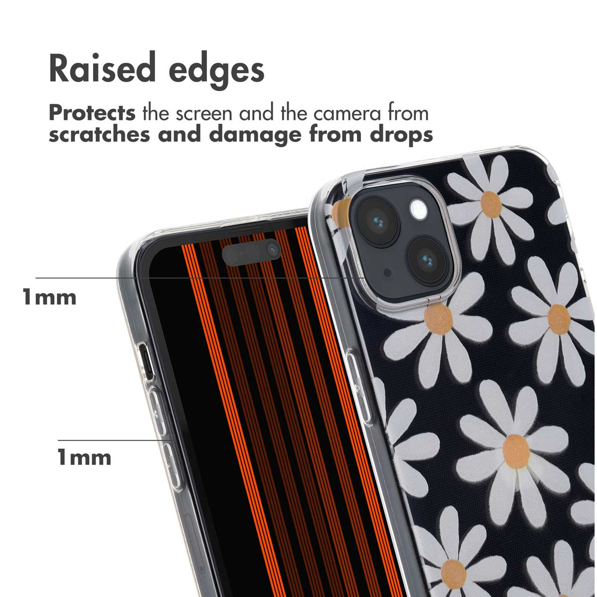 Coque de téléphone avec bords surélevés montrant une protection de 1 mm.