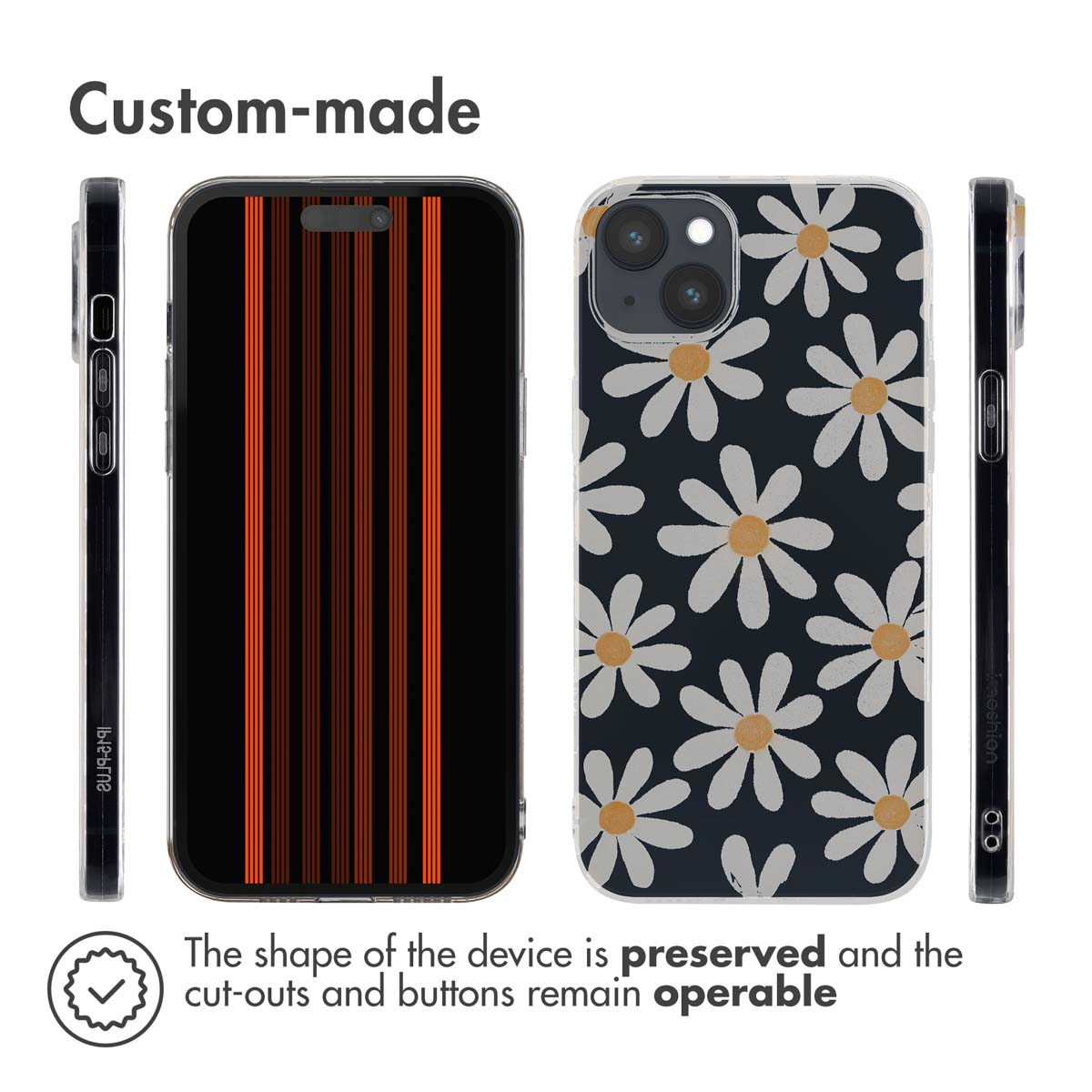 Coque de téléphone personnalisée avec des rayures à l'avant et des marguerites blanches à l'arrière.