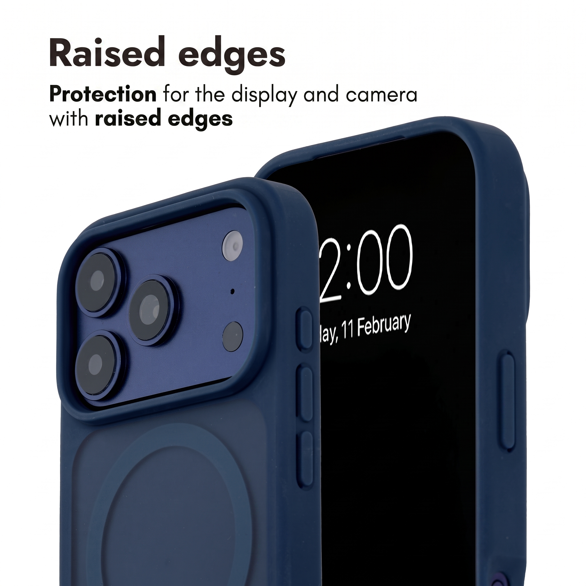 Una custodia blu per telefono con bordi rialzati per proteggere fotocamera e schermo.