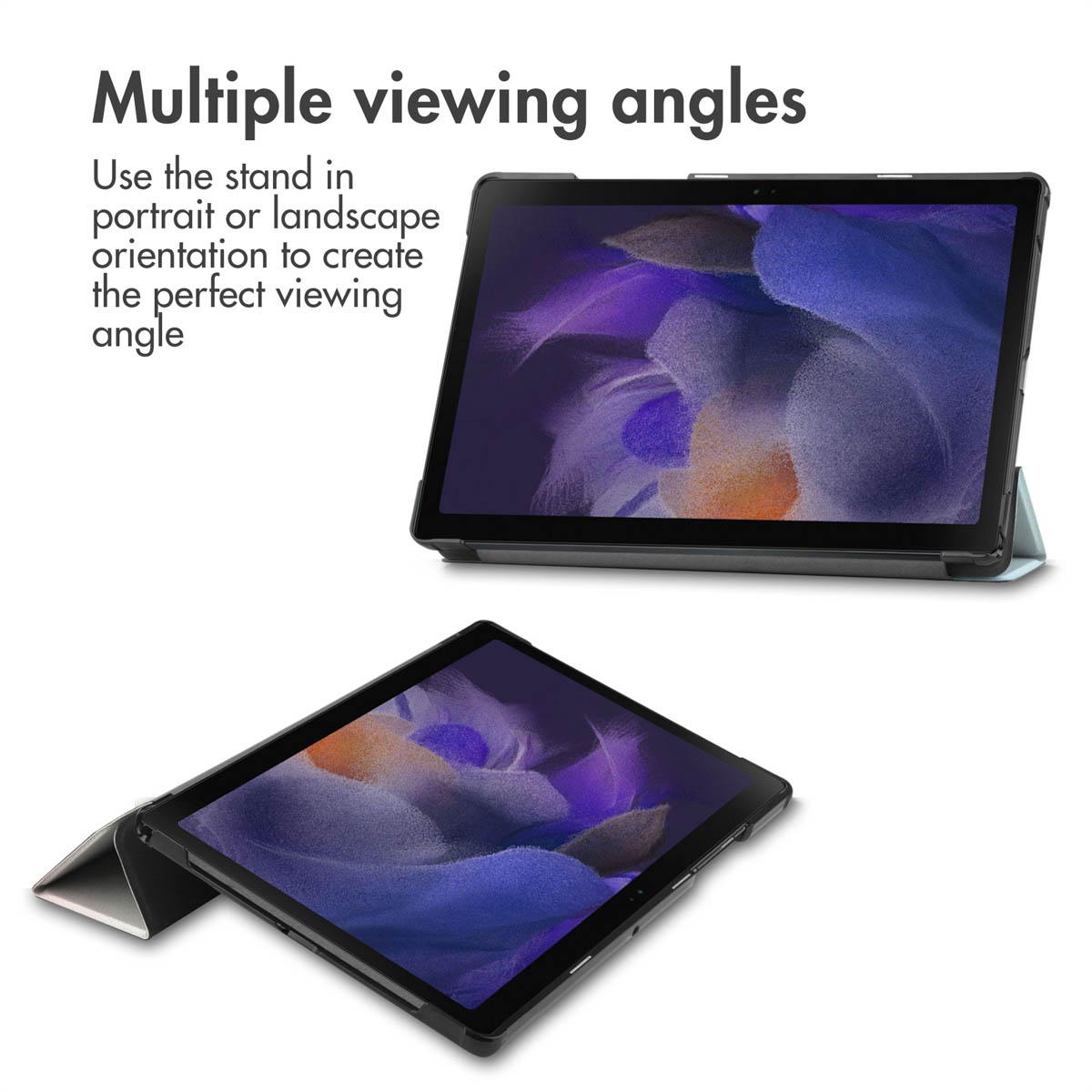 A tablet in a protective case shown in two different viewing angles against a white background.