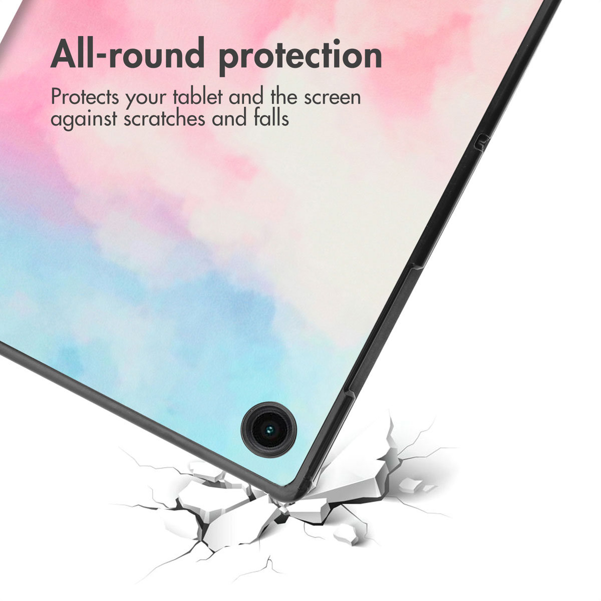 A tablet with pink and blue background, offering protection against scratches and falls.