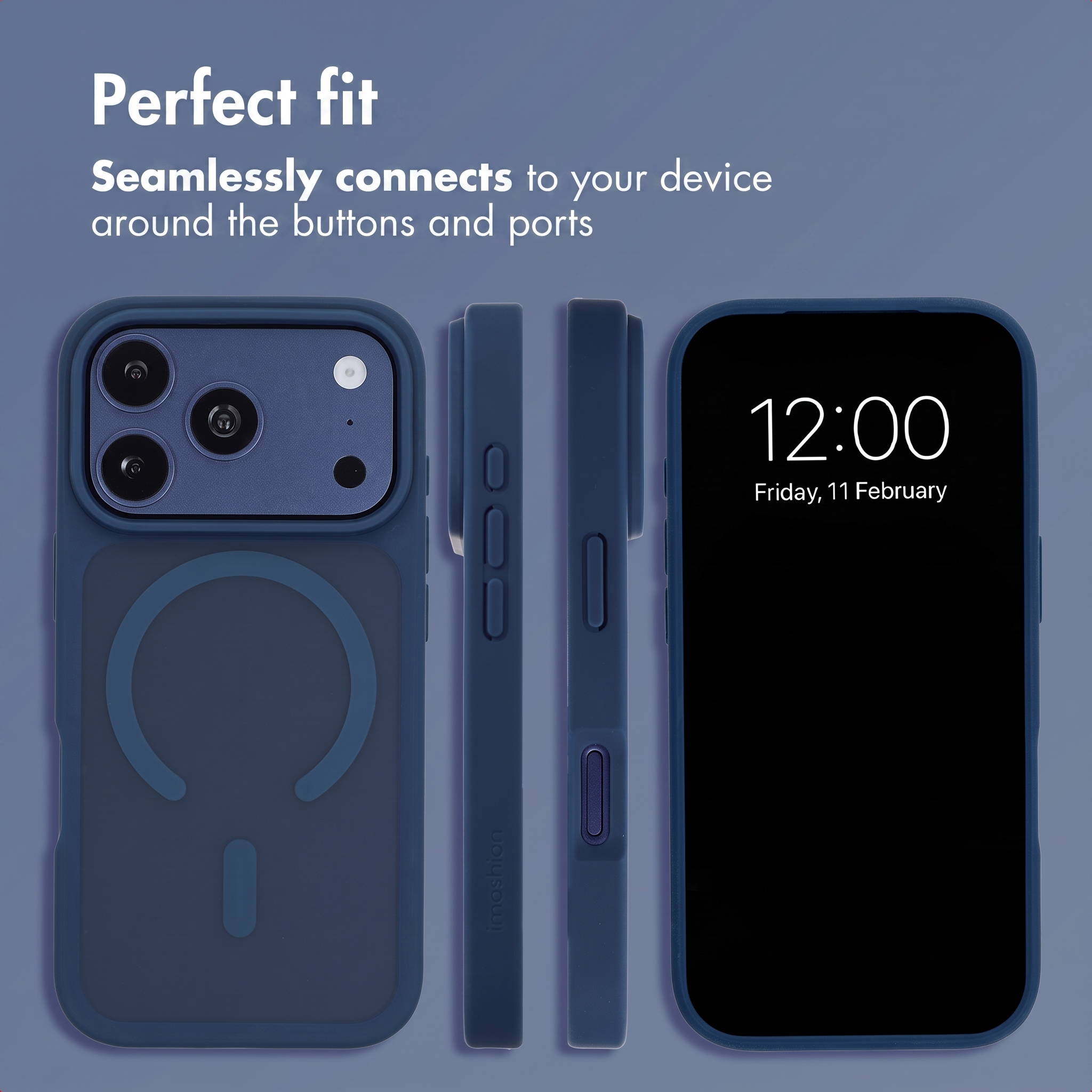 Custodia per smartphone blu in varie angolazioni con testo "Perfect fit" su sfondo grigio.