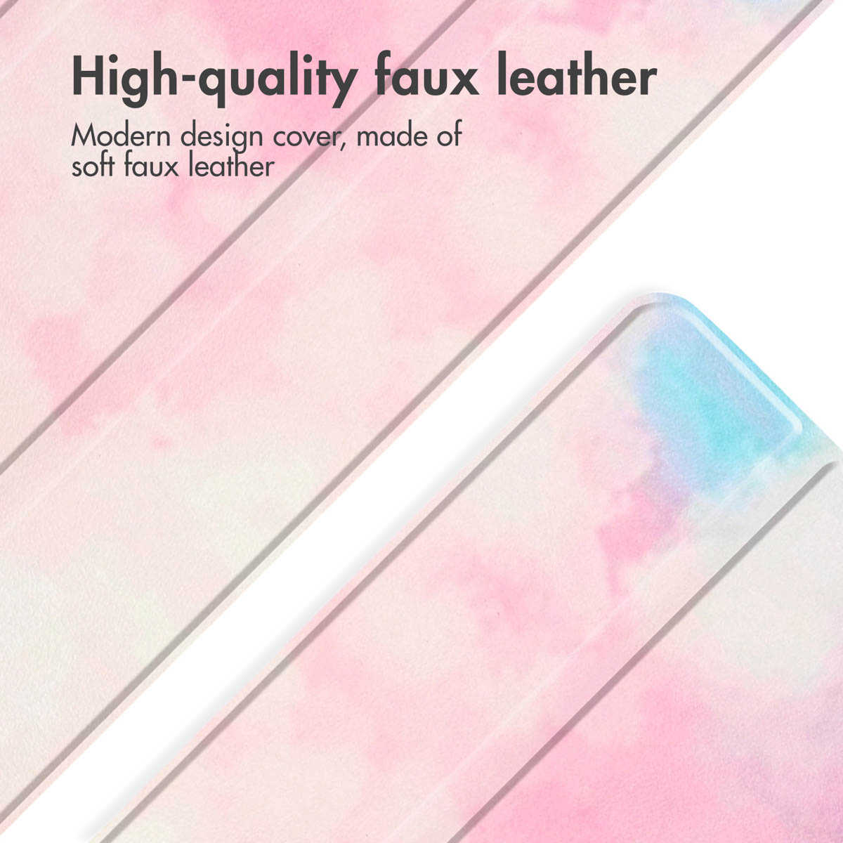 Pink and blue faux leather cover with text and pattern.