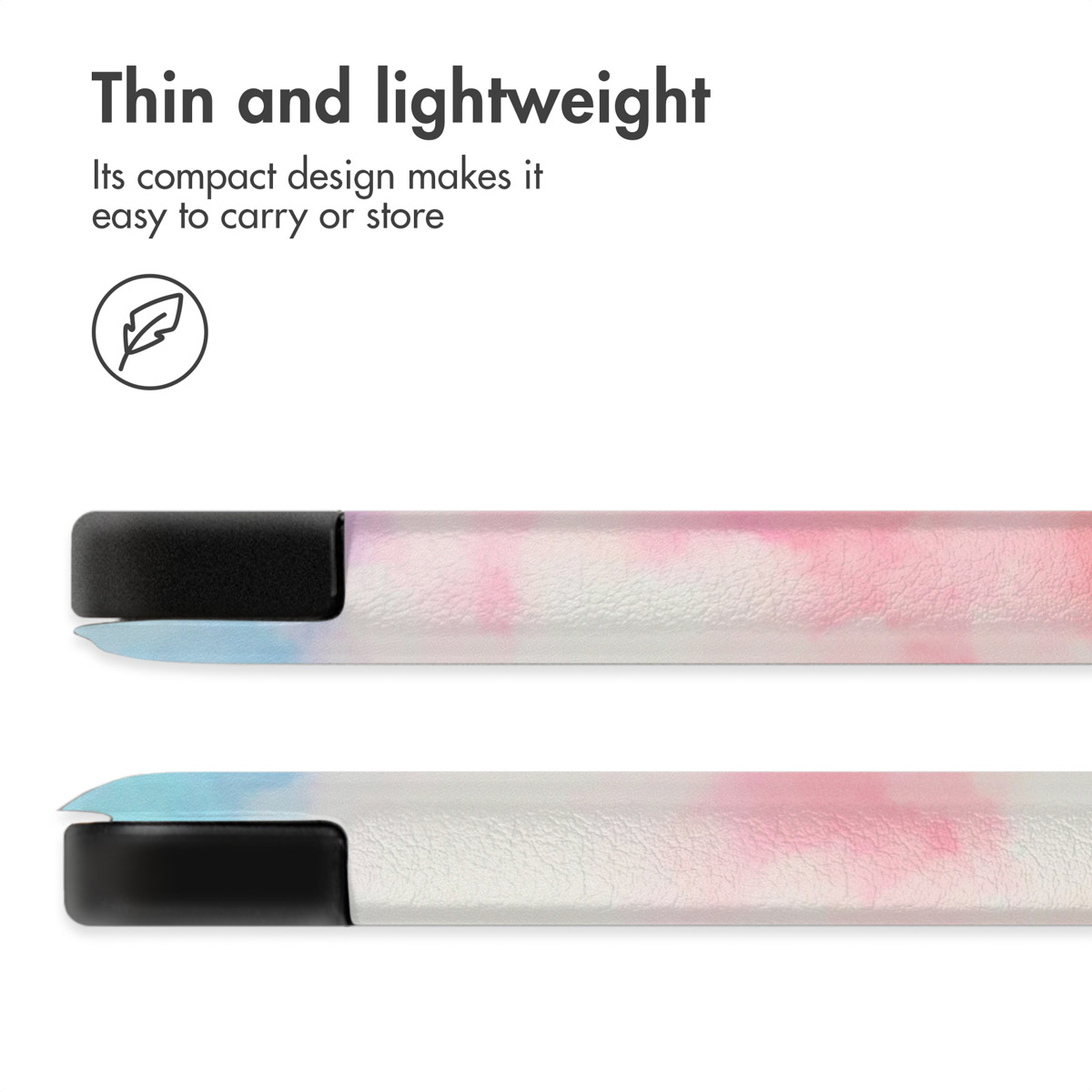 "Thin and lightweight" text at the top, below two pink and blue patterned slender objects with black caps.