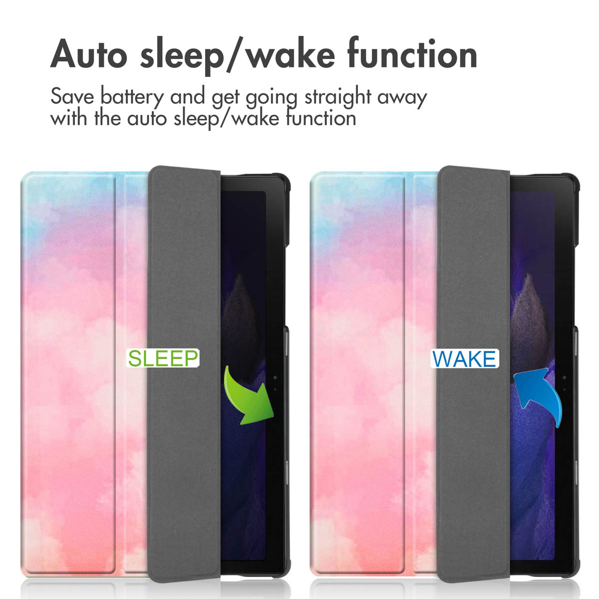 Diagram demonstrates the auto sleep and wake function of a pink and blue tablet case with a grey cover.