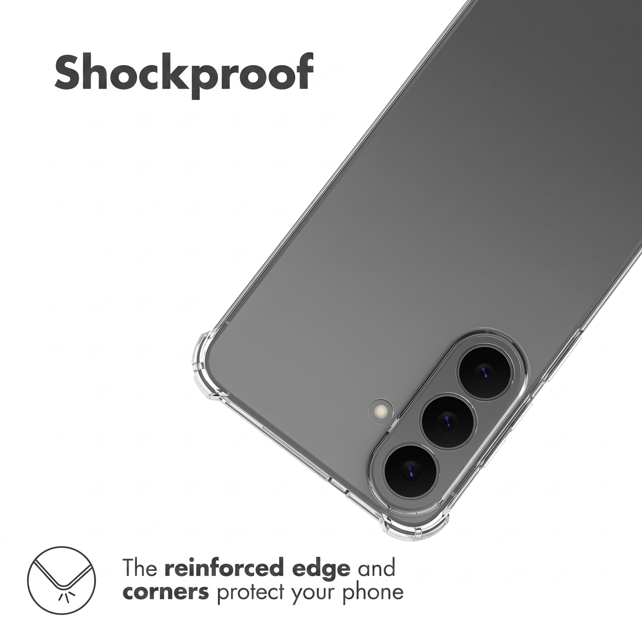 Une coque de téléphone aux coins renforcés sur fond blanc avec du texte.