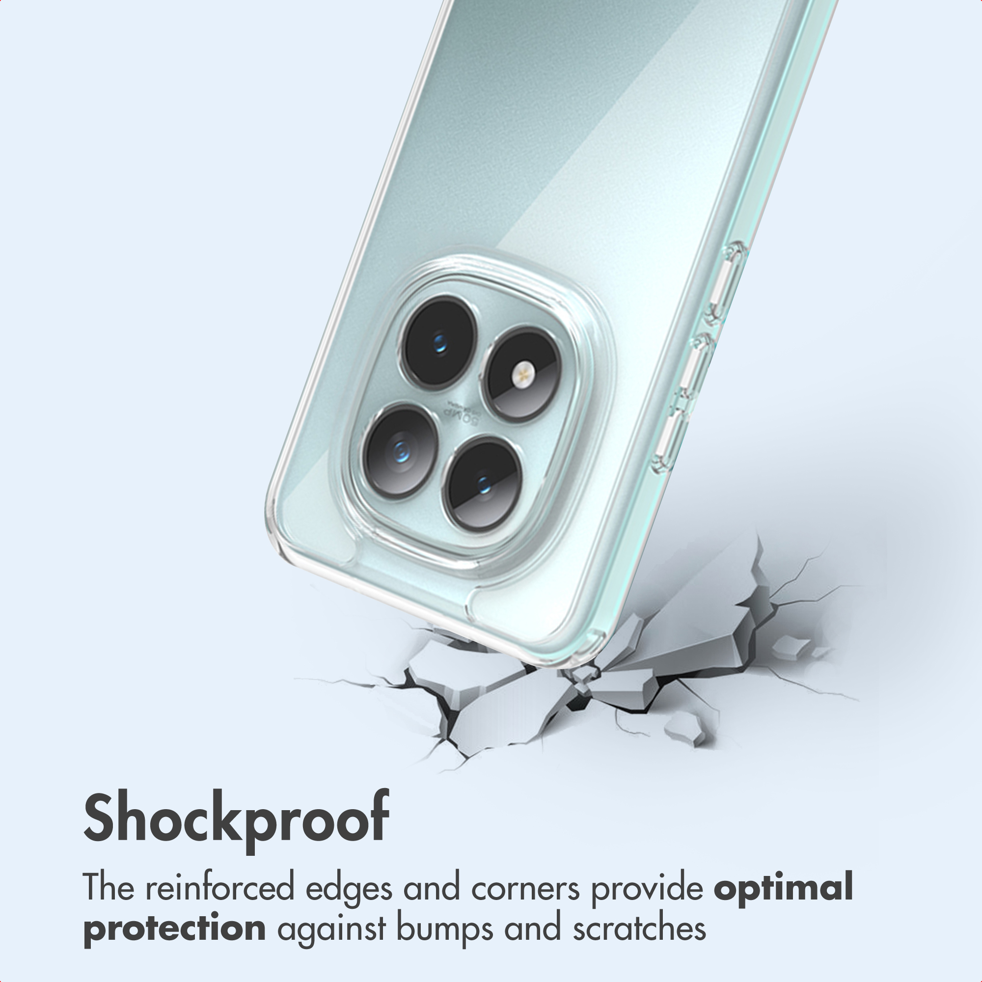 Uno smartphone in una cover trasparente sopra un pavimento grigio screpolato, con testo Shockproof.