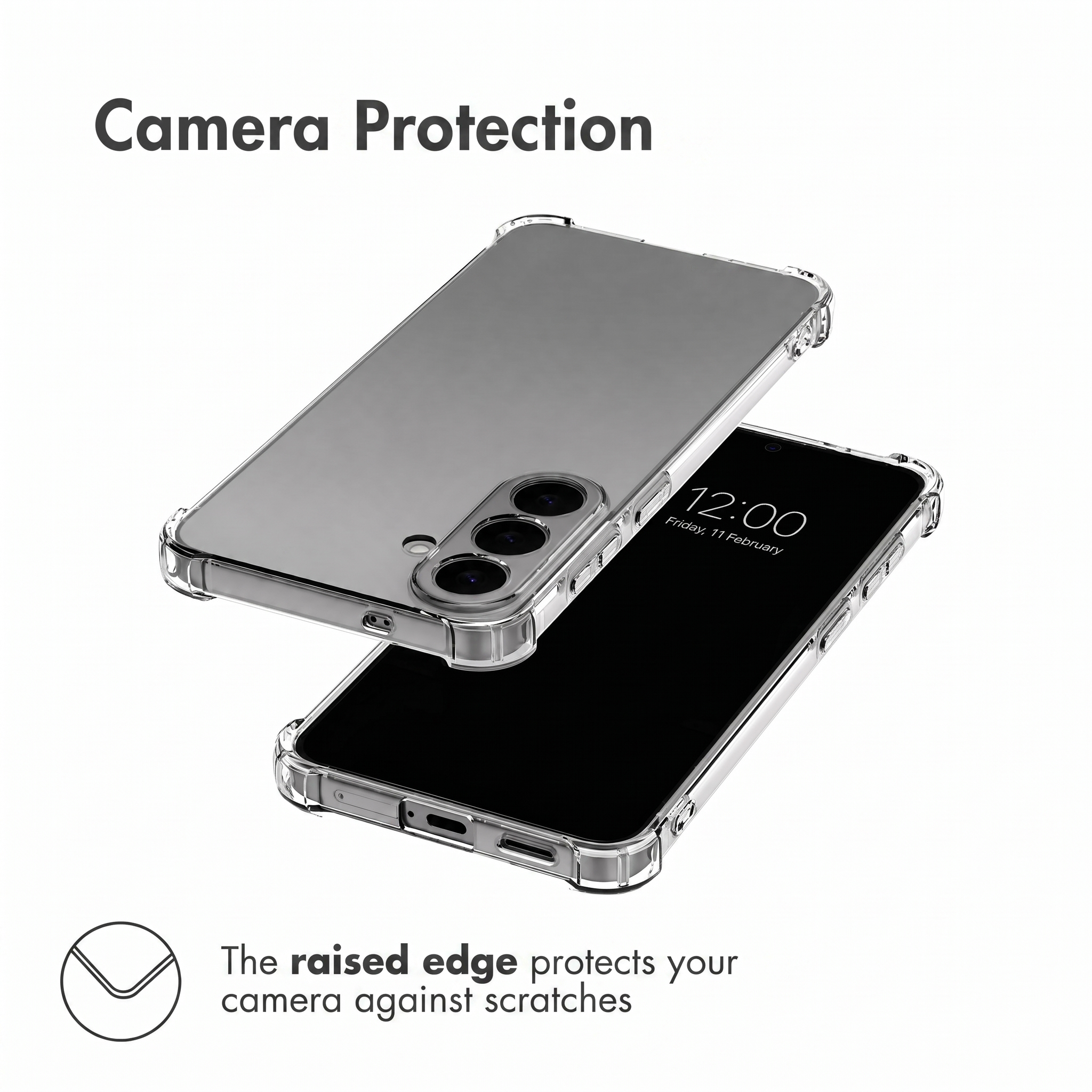 Un smartphone dans une coque de protection transparente sur fond blanc.