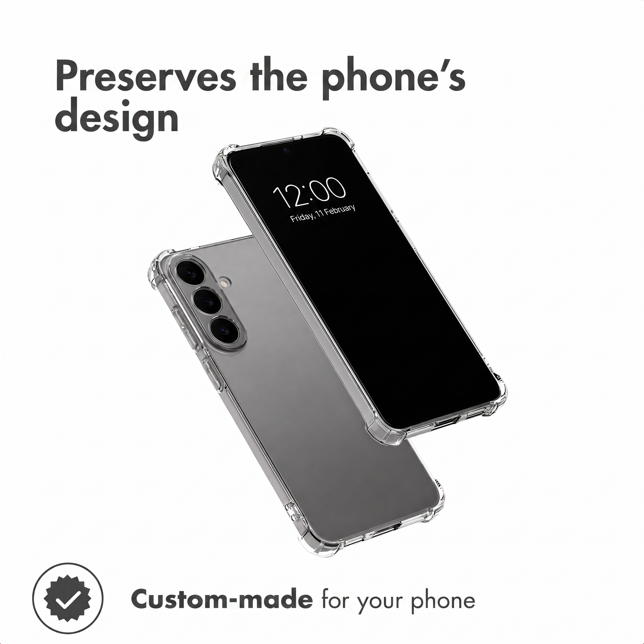 Deux smartphones dans une coque de protection transparente sur fond blanc.