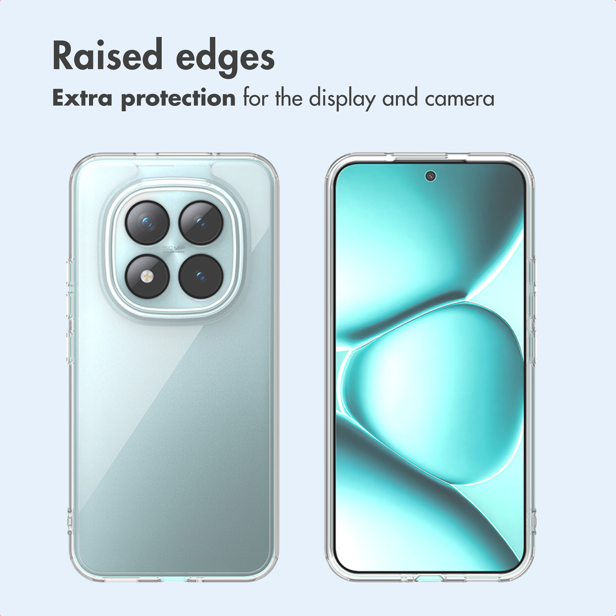 Uno smartphone in cover trasparente con quattro fotocamere sul retro e schermo anteriore con bordi rialzati.