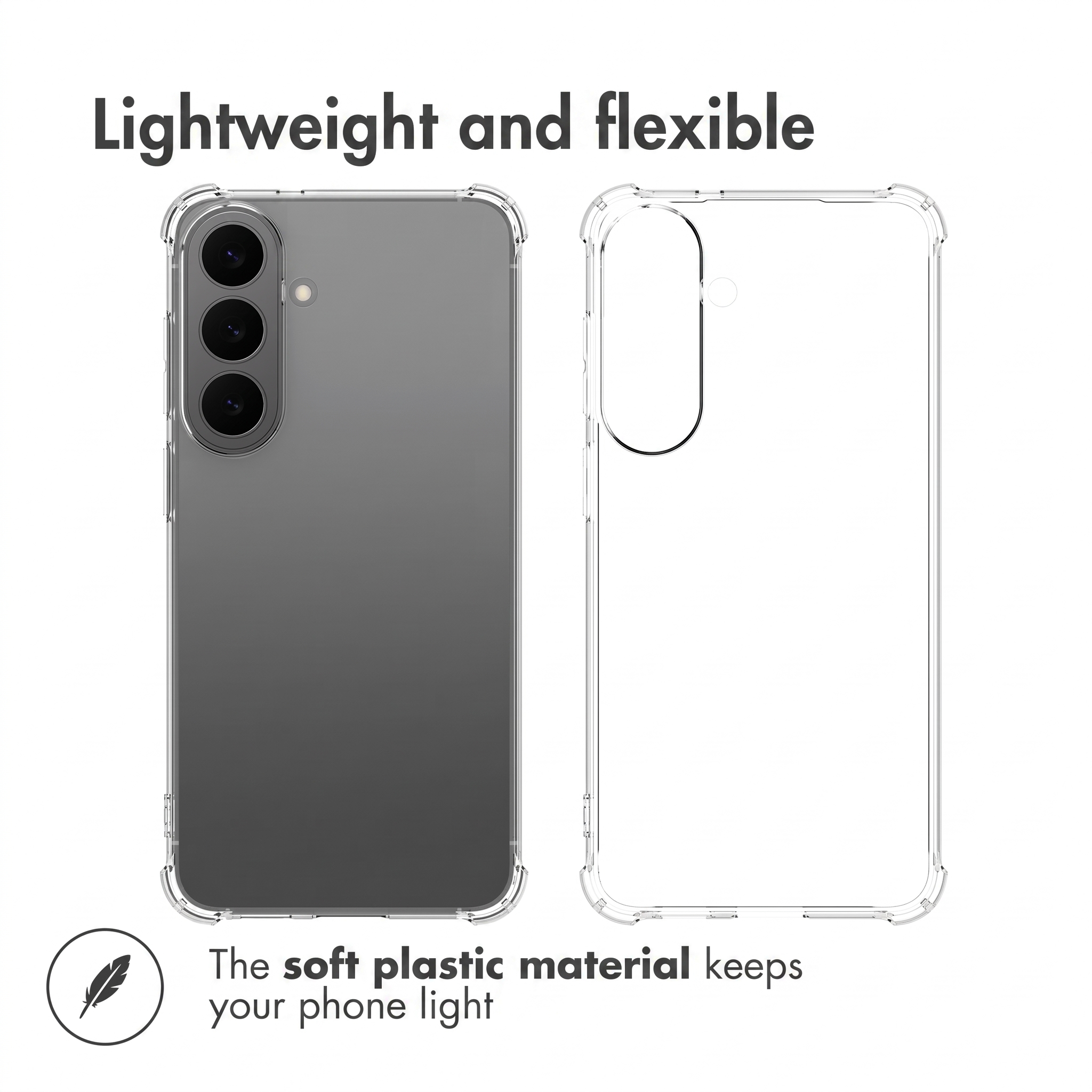 Coque de protection transparente sur un smartphone gris avec texte et icône de plume.