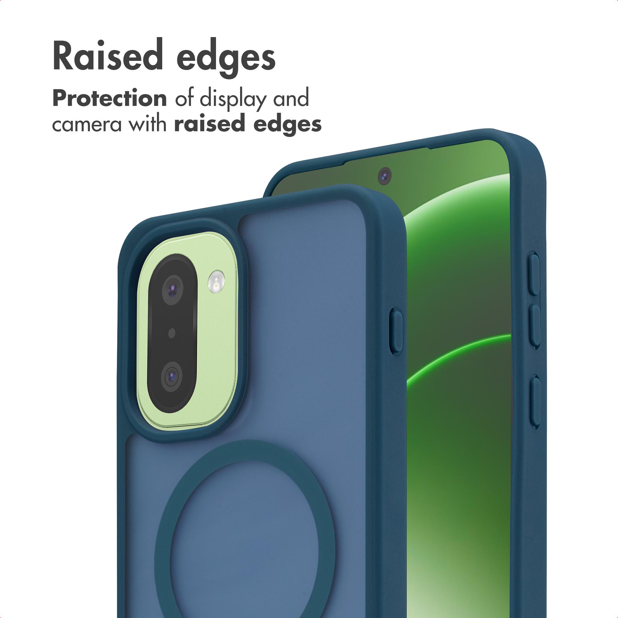 Funda azul para smartphone con bordes elevados para protección de pantalla y cámara.