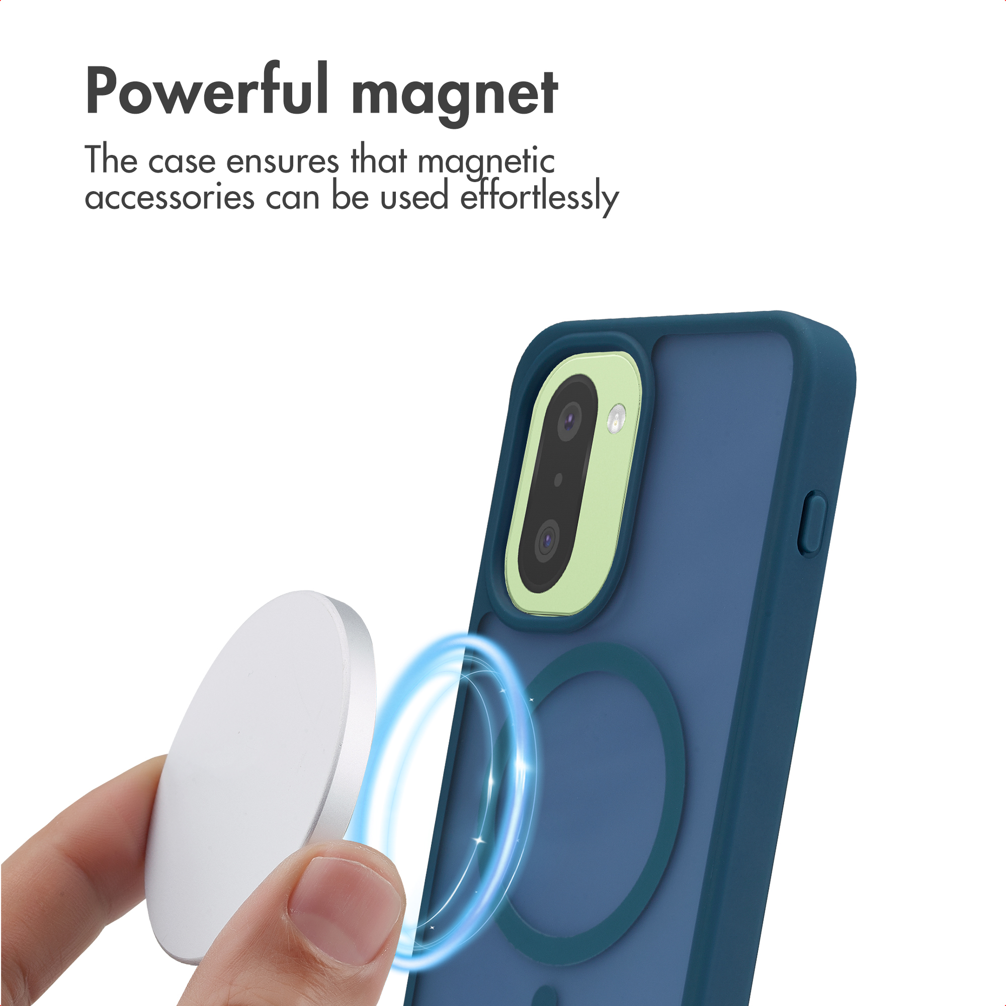 Funda de teléfono con potente imán y accesorio.