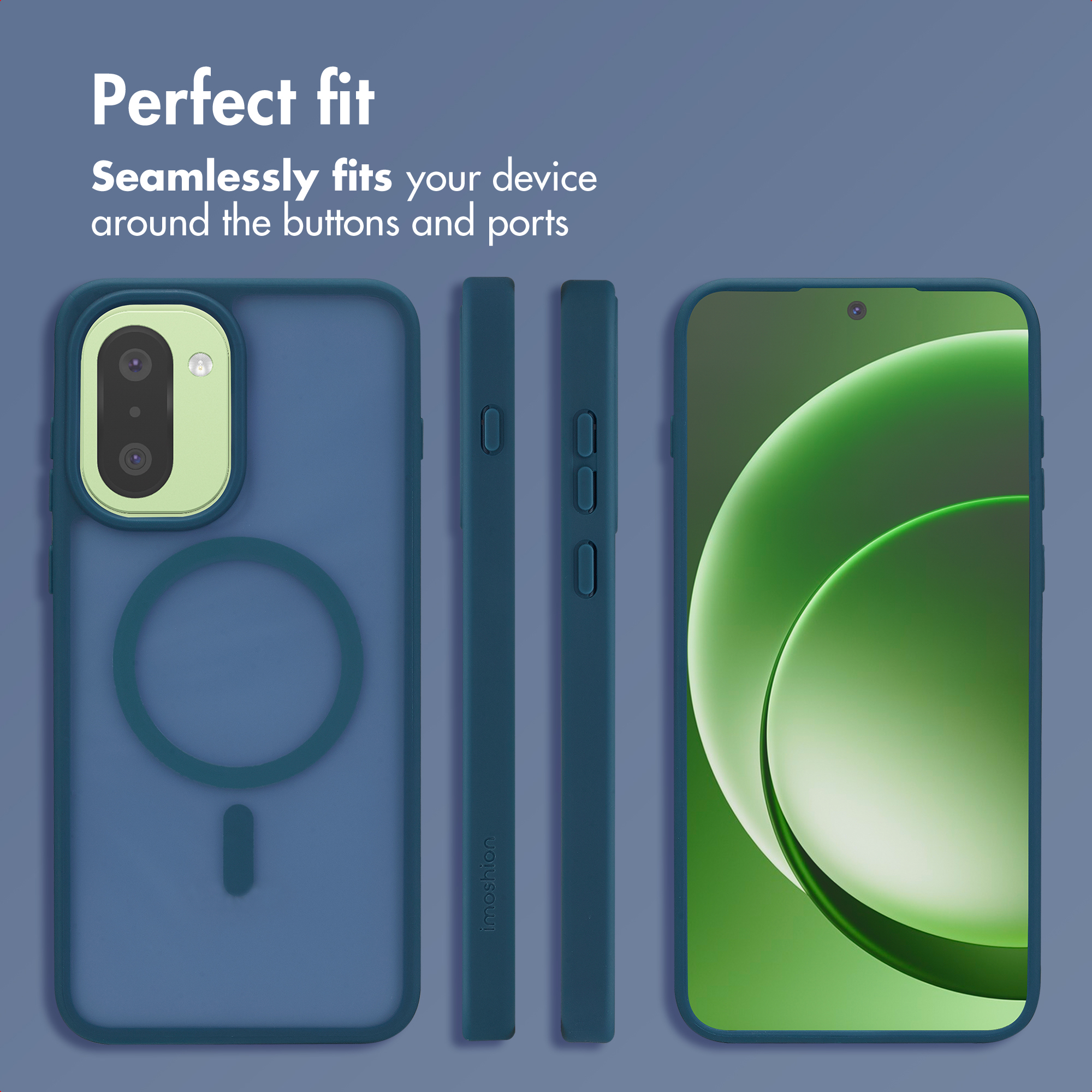 Funda de teléfono azul mostrada desde varios ángulos sobre un fondo azul con texto sobre su ajuste perfecto.