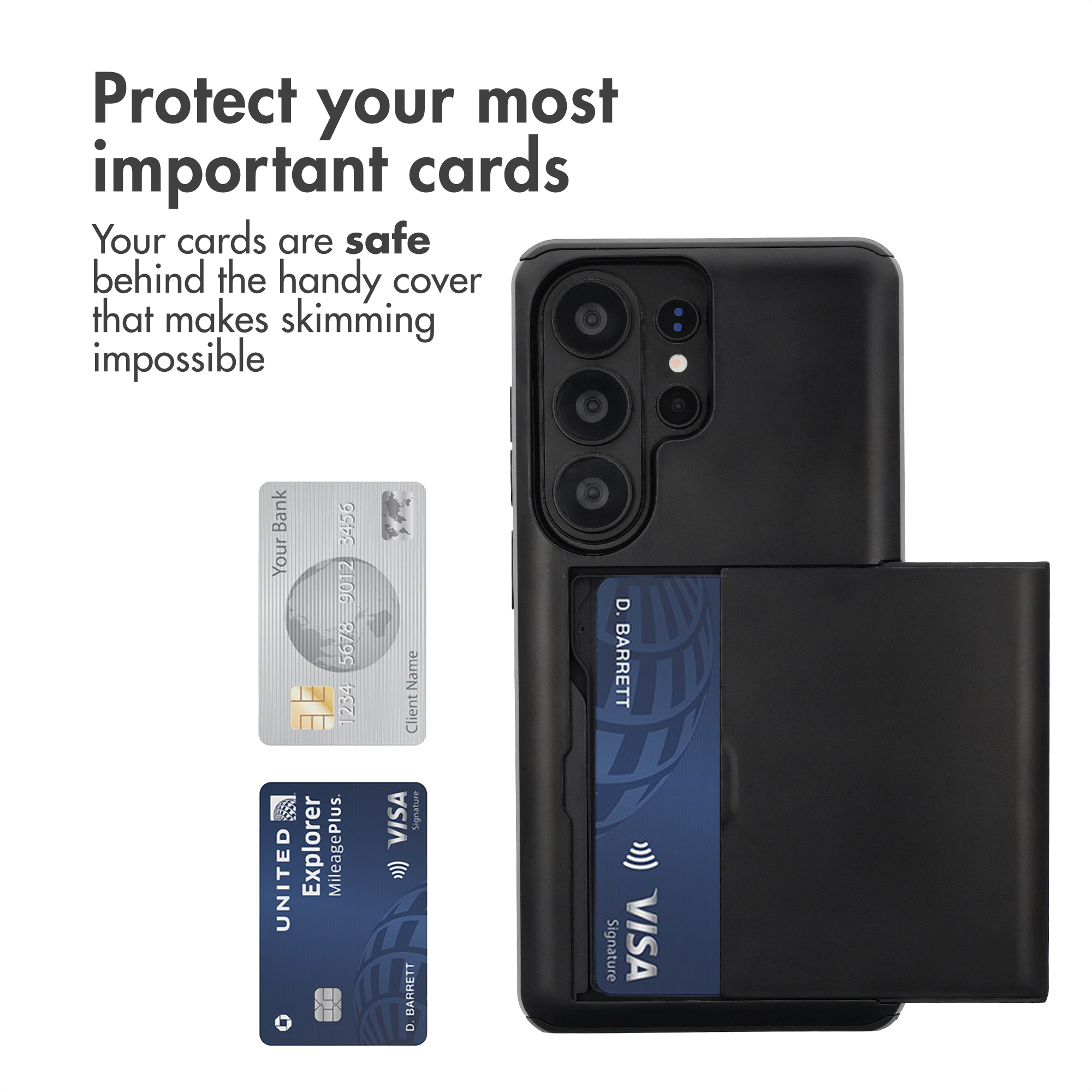 Funda de teléfono negra con tarjetero integrado y dos tarjetas de crédito a la izquierda.