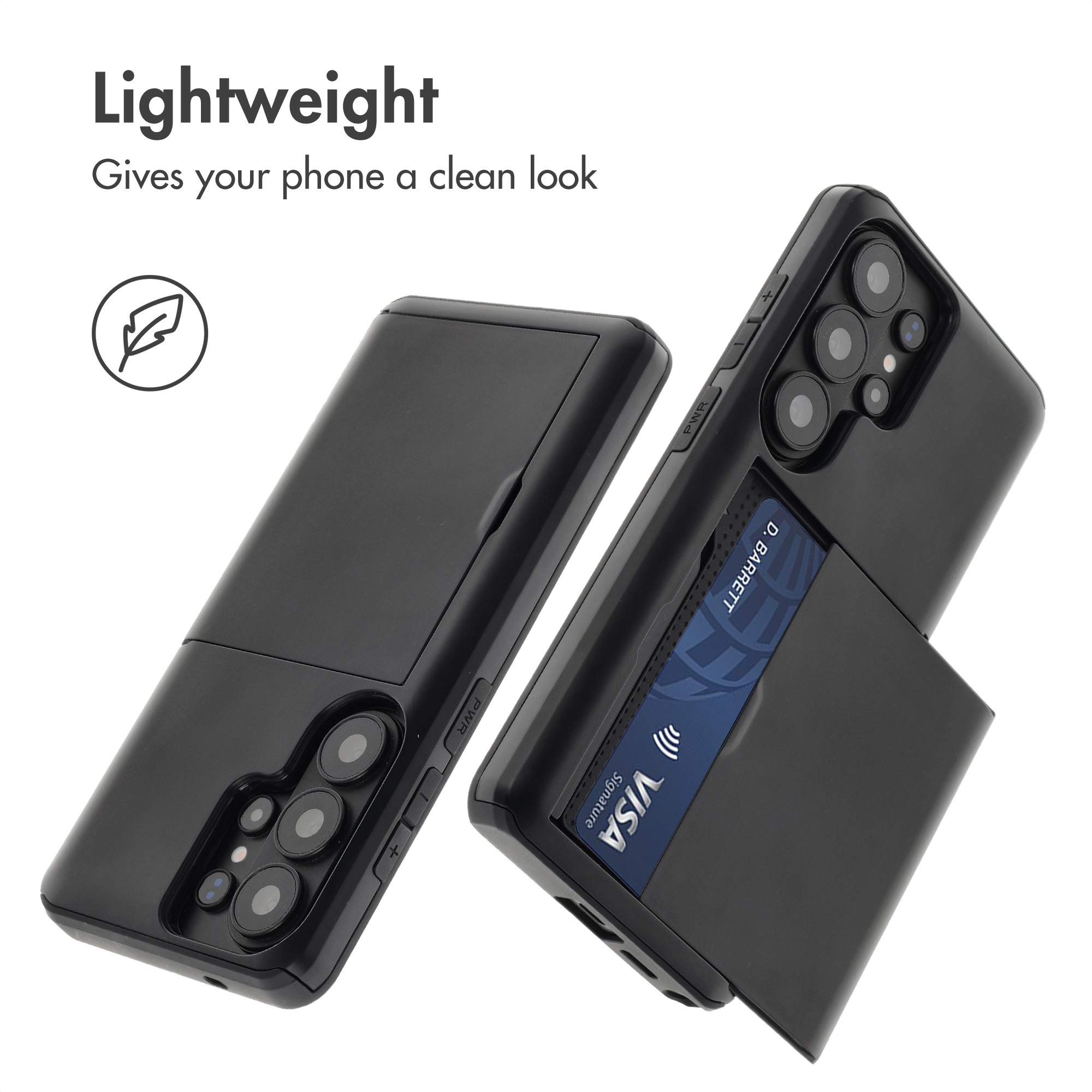 Funda de smartphone negra y ligera con tarjetero integrado y tarjeta Visa en la parte posterior.