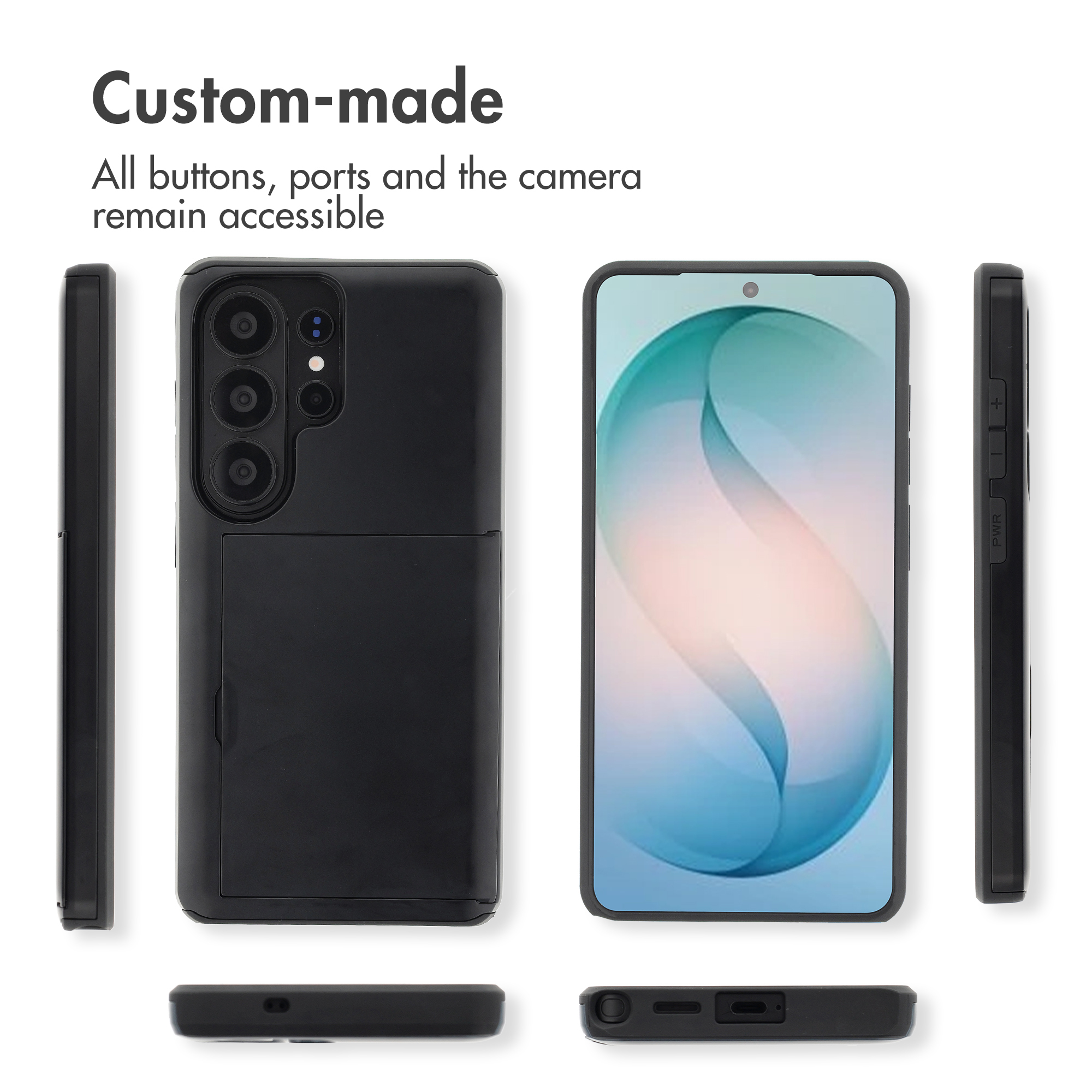 Un teléfono en funda negra desde varios ángulos; botones, puertos y cámara siguen siendo accesibles.