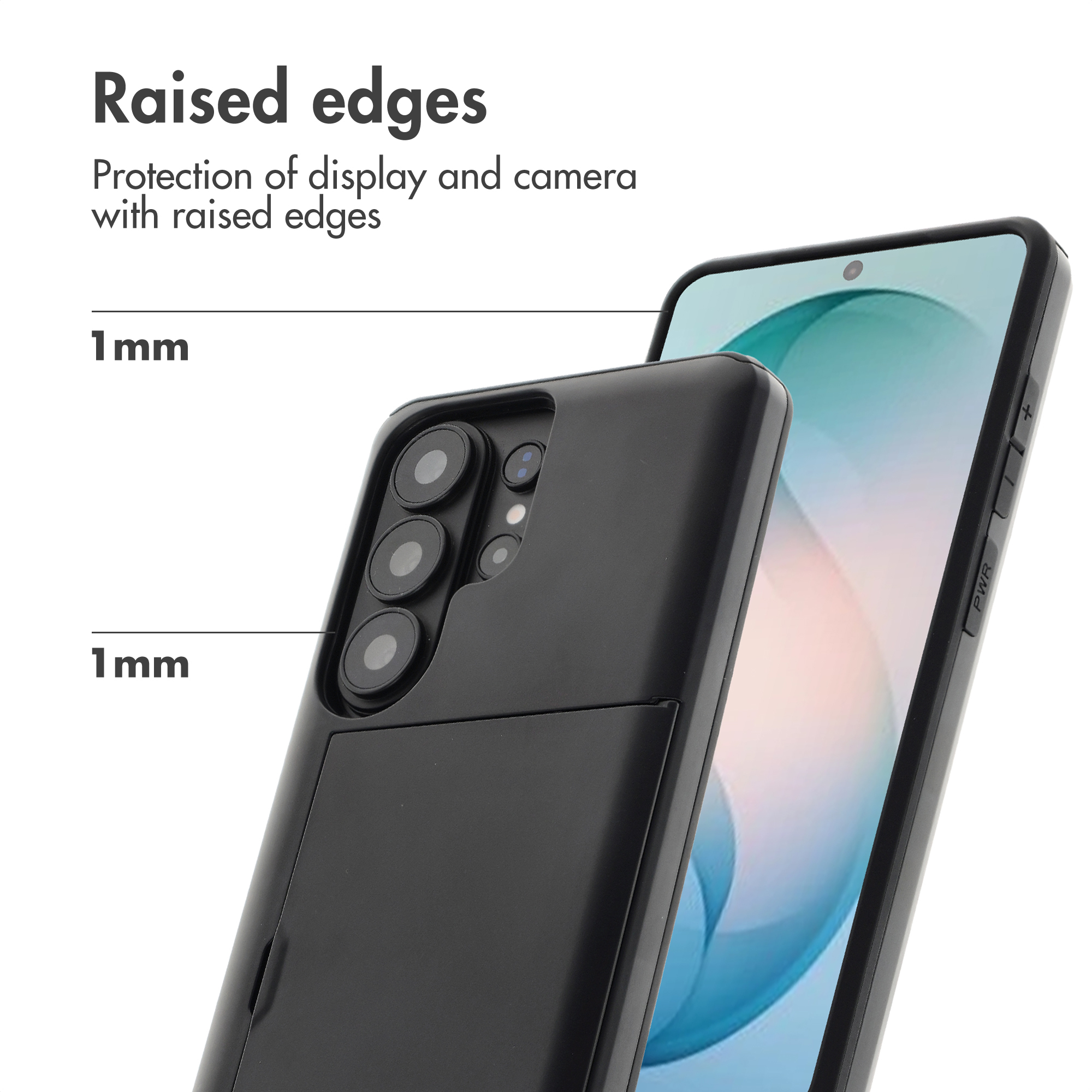 Un teléfono en funda negra con bordes elevados de 1 mm para proteger pantalla y cámara.