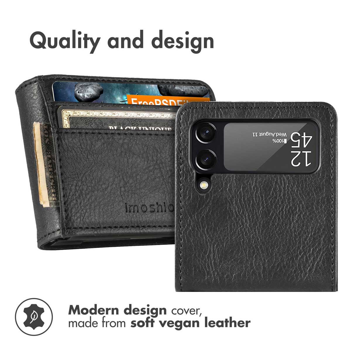 Coque de téléphone en cuir vegan noir avec fentes pour cartes et porte-monnaie int égré.