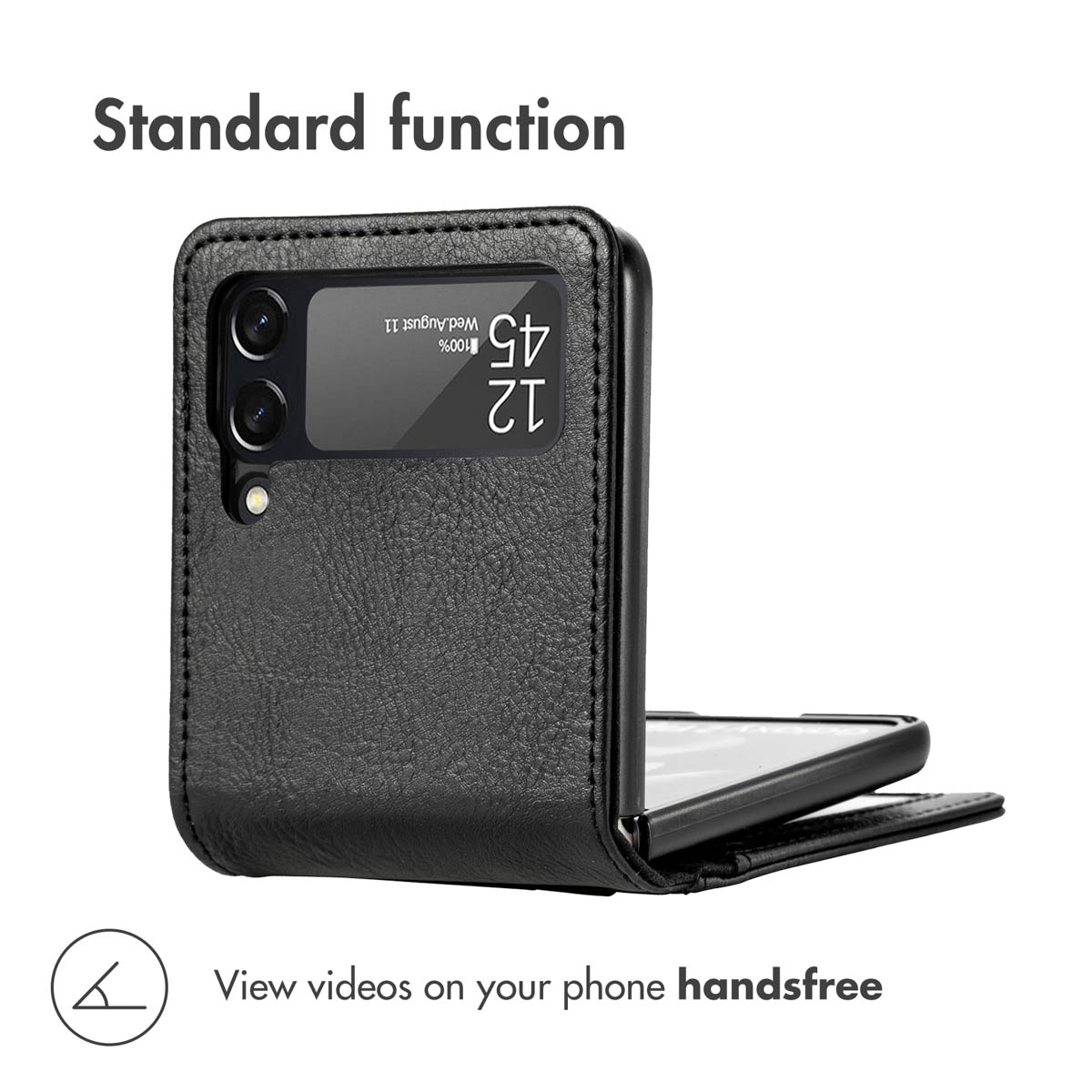 Étui à rabat en cuir noir pour smartphone pliable avec écran.