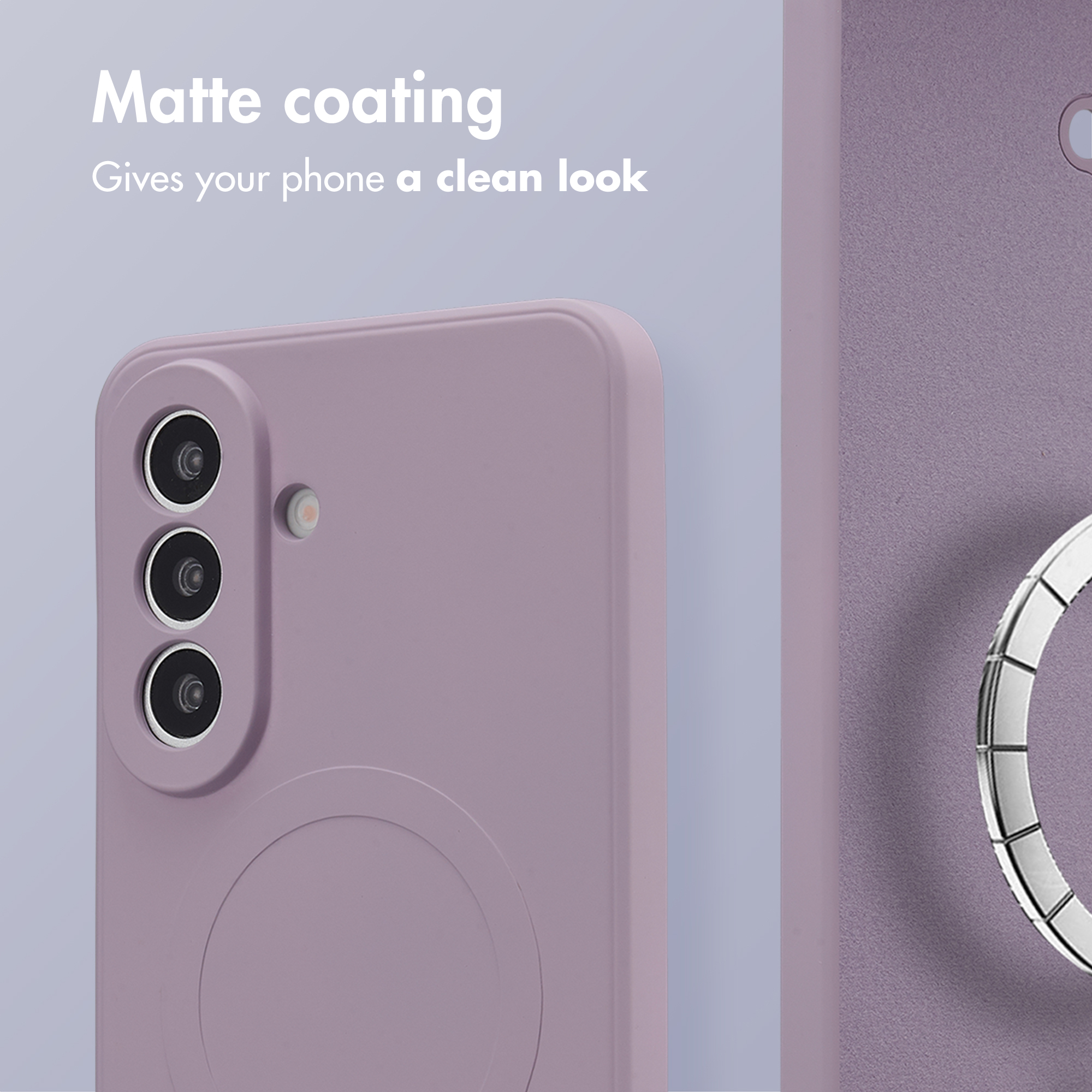 Une coque de smartphone violette mate avec trois objectifs photo et du texte.