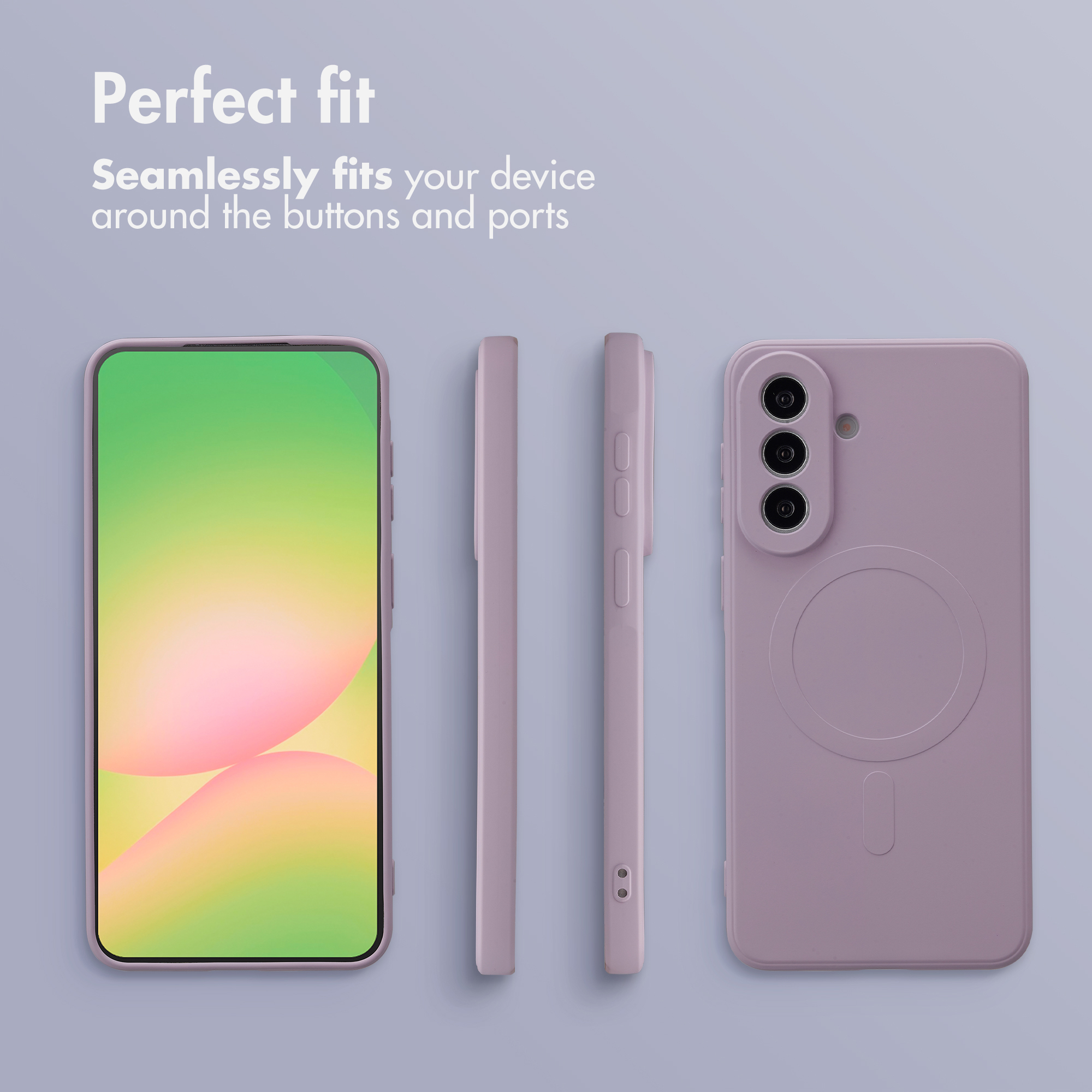 Une coque de smartphone violette présentée de face, de profil et de dos sur fond violet avec texte.