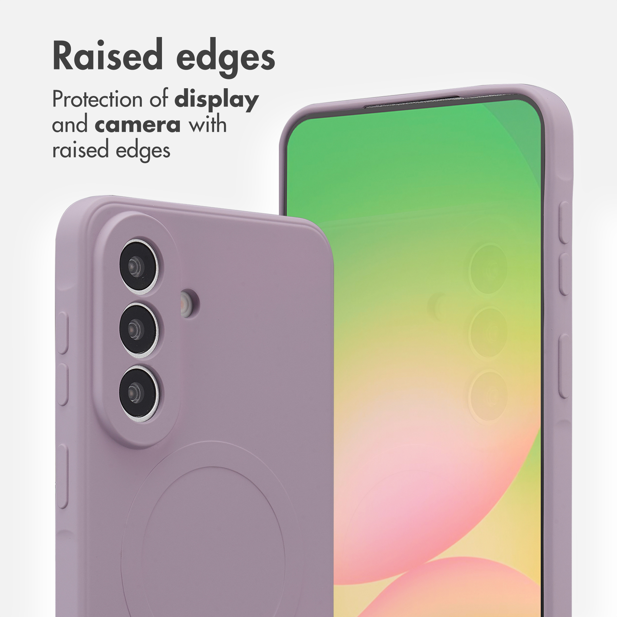 Coque de téléphone lilas avec bords surélevés pour protéger l'appareil photo et l'écran.
