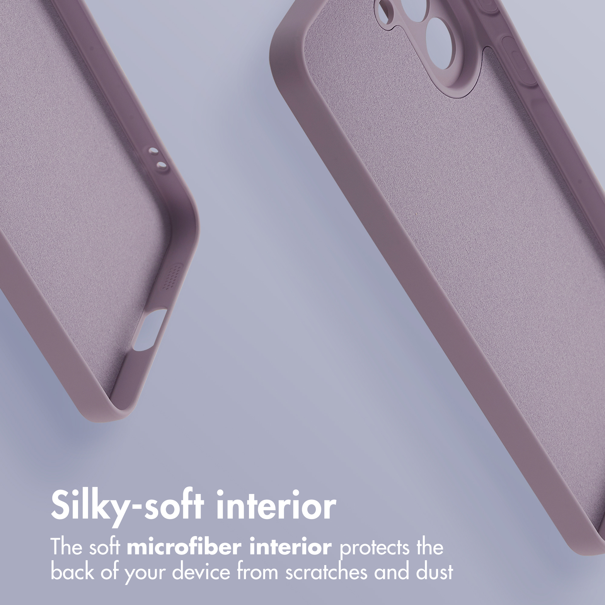Deux coques de téléphone violettes avec intérieur en microfibre douce sur fond bleu.