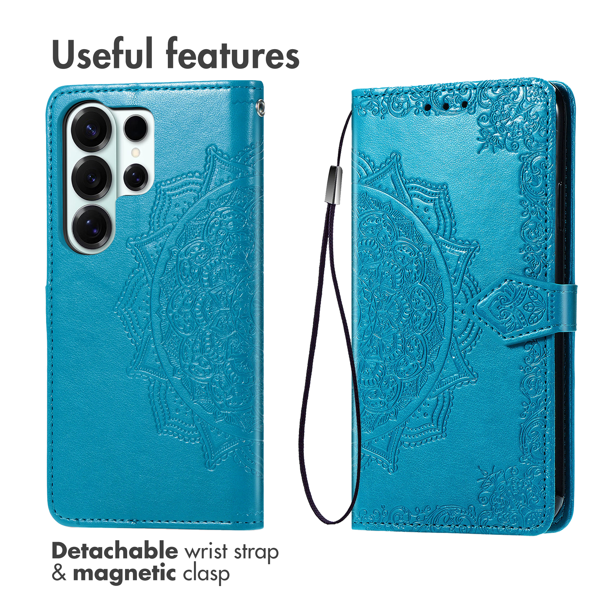 Funda azul para móvil con patrón de mandala, correa de muñeca y cierre magnético.