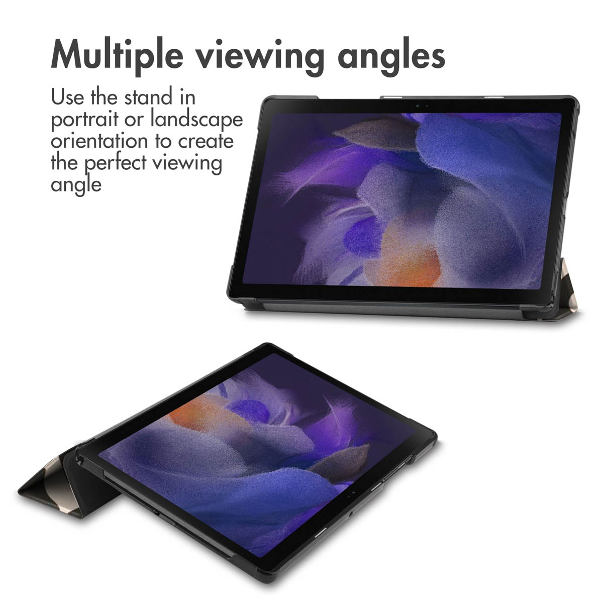 Two black tablets in cases showing multiple viewing angles on a white background.