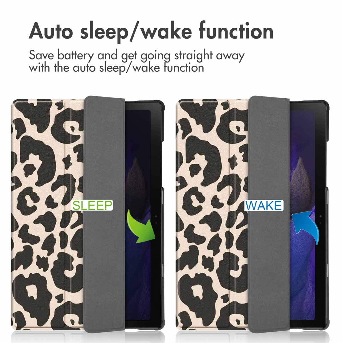 Two tablet cases with leopard print demonstrating auto sleep and wake functions with arrows.