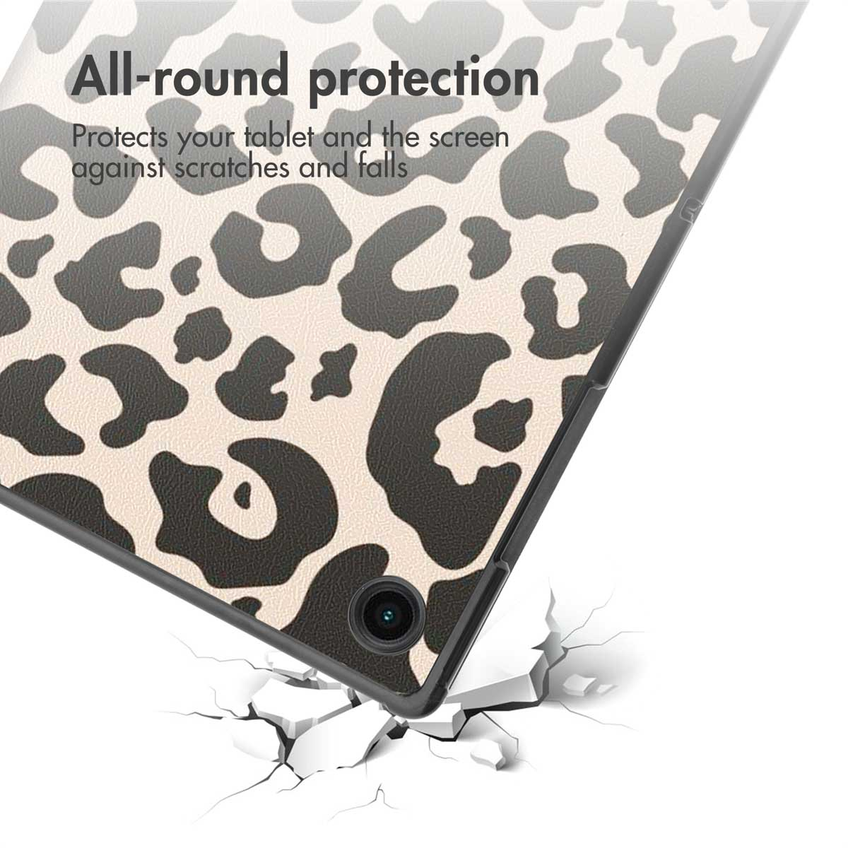 A leopard print tablet case rests on a cracked surface, accompanied by text about protection.