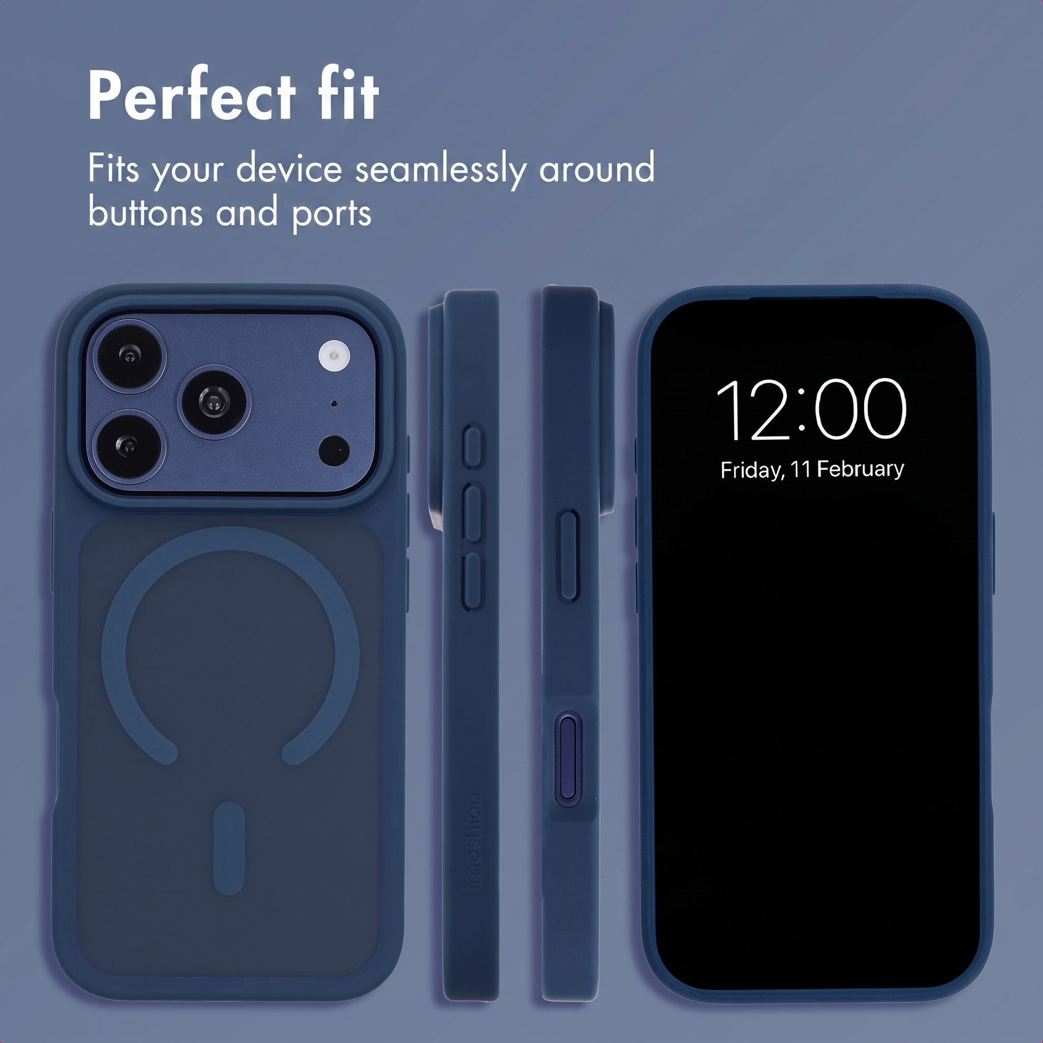 Custodia per smartphone blu mostrata da varie angolazioni con testo.