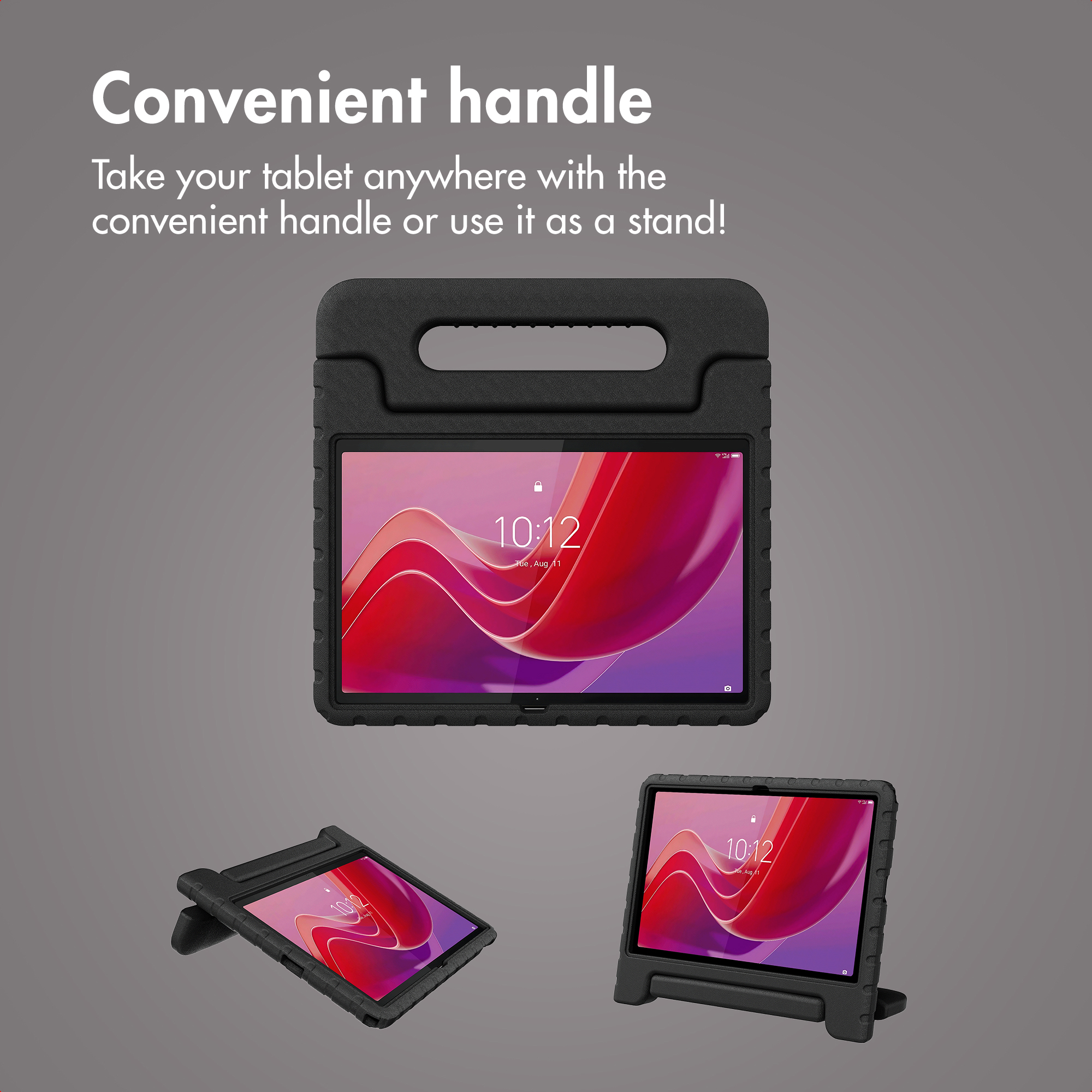 A tablet in a black protective case with a handle that also acts as a stand.