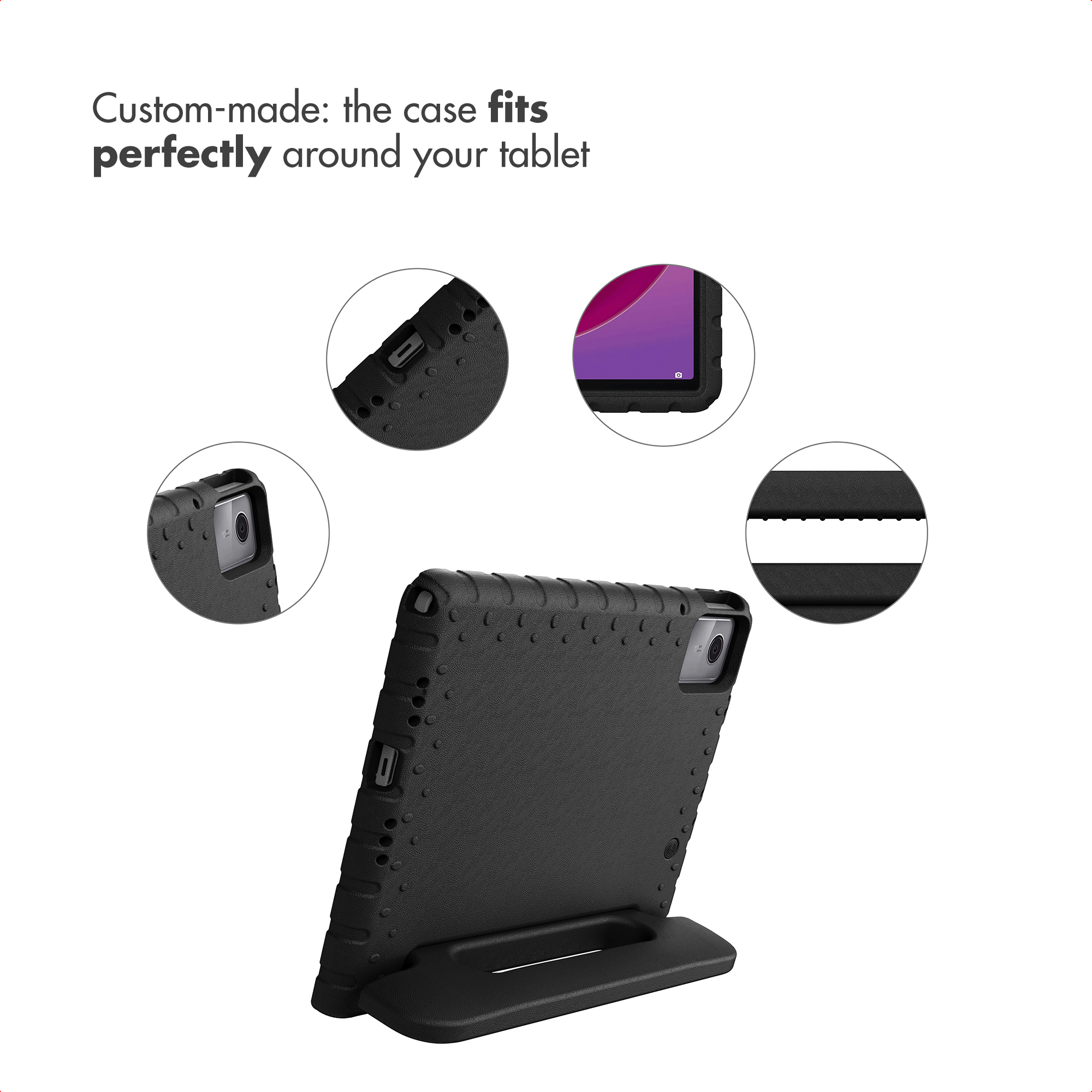 A black protective tablet case with a stand, showing close-ups of cutouts, corners, and buttons in four circles.