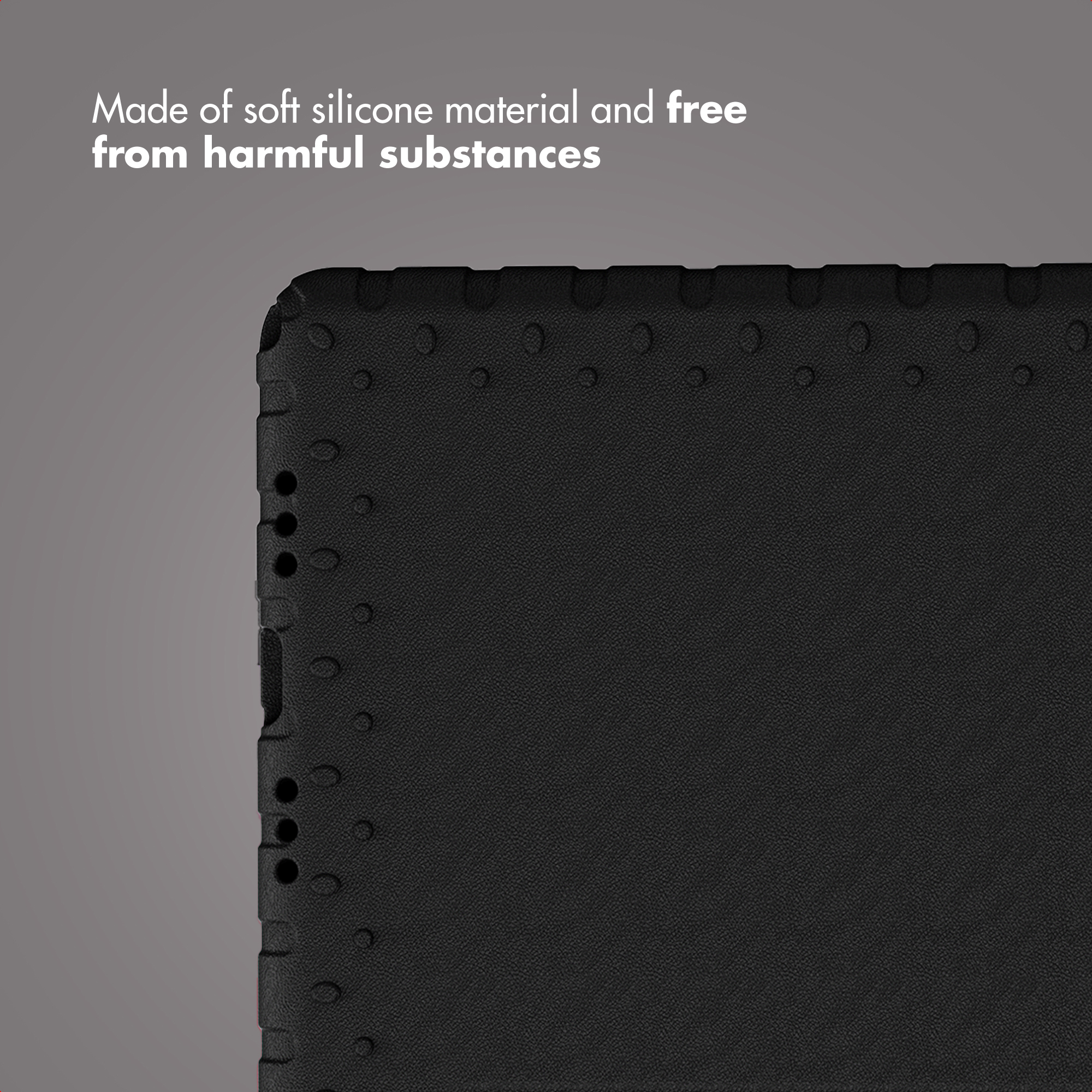 Text states soft silicone free from harmful substances, showing a textured black case.